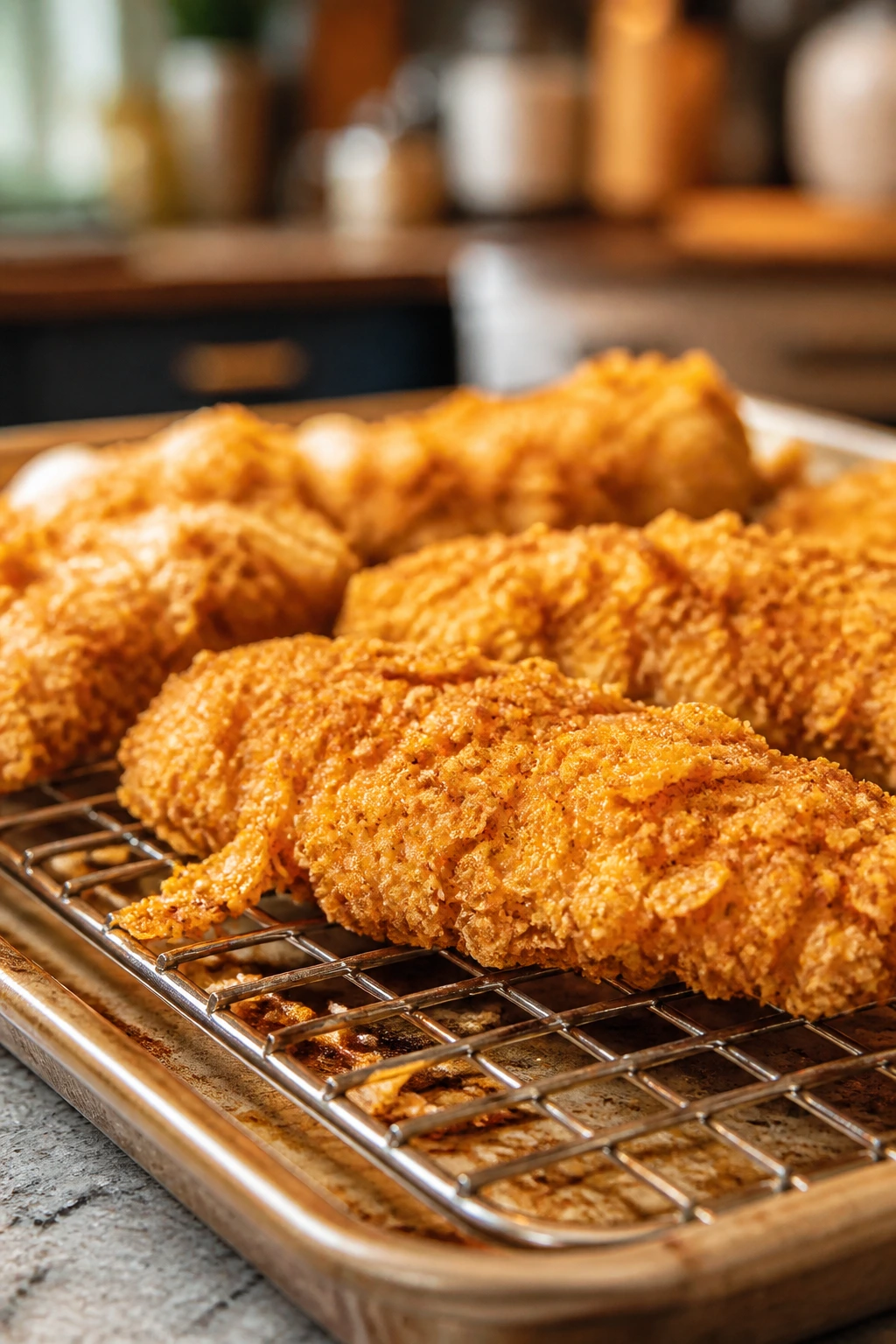 Crispy baked chicken tenders on a rack in a warm kitchen