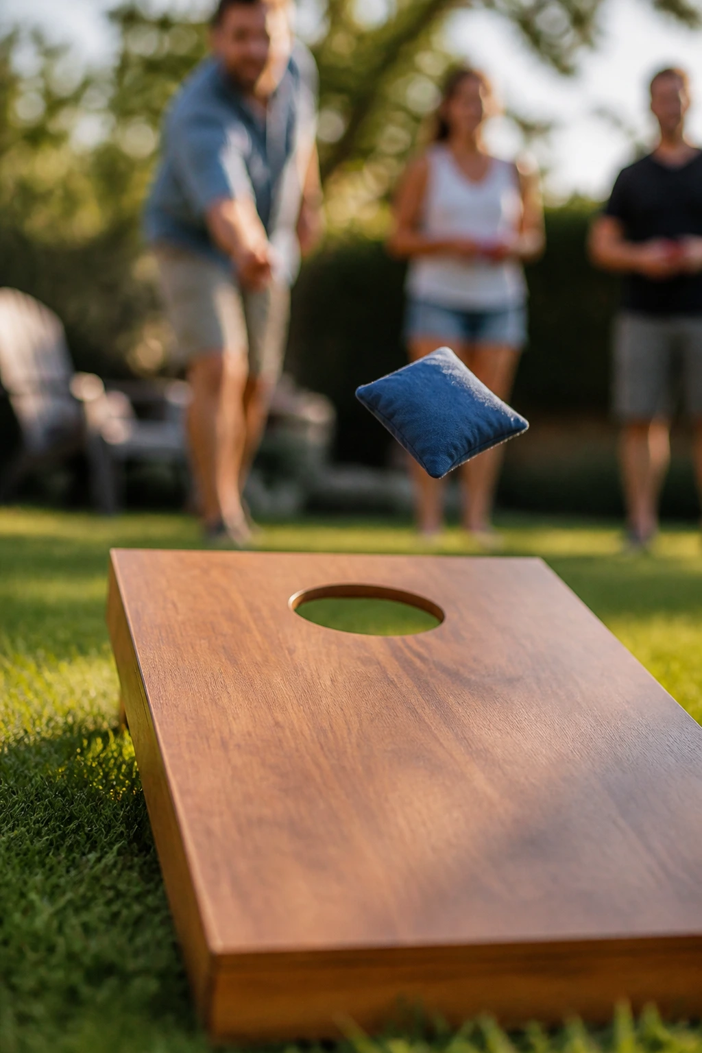 Cornhole bag mid-flight toward a board in a backyard