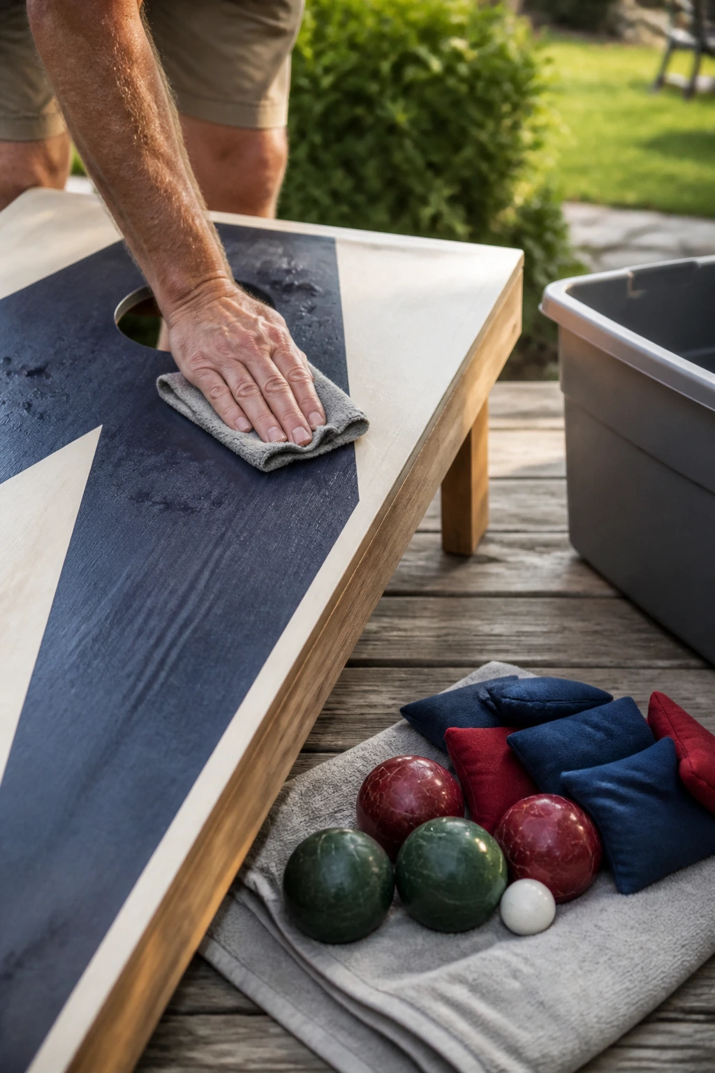 Hands wiping a cornhole board and drying bags on a wooden deck