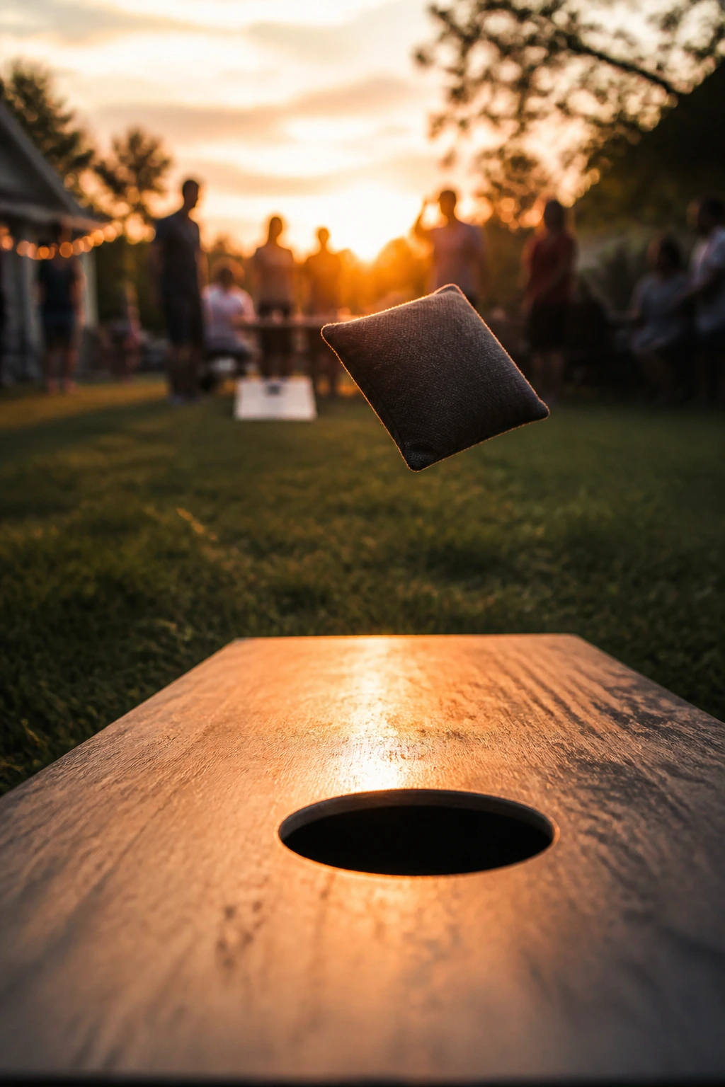 Cornhole bag in flight toward board at golden hour backyard