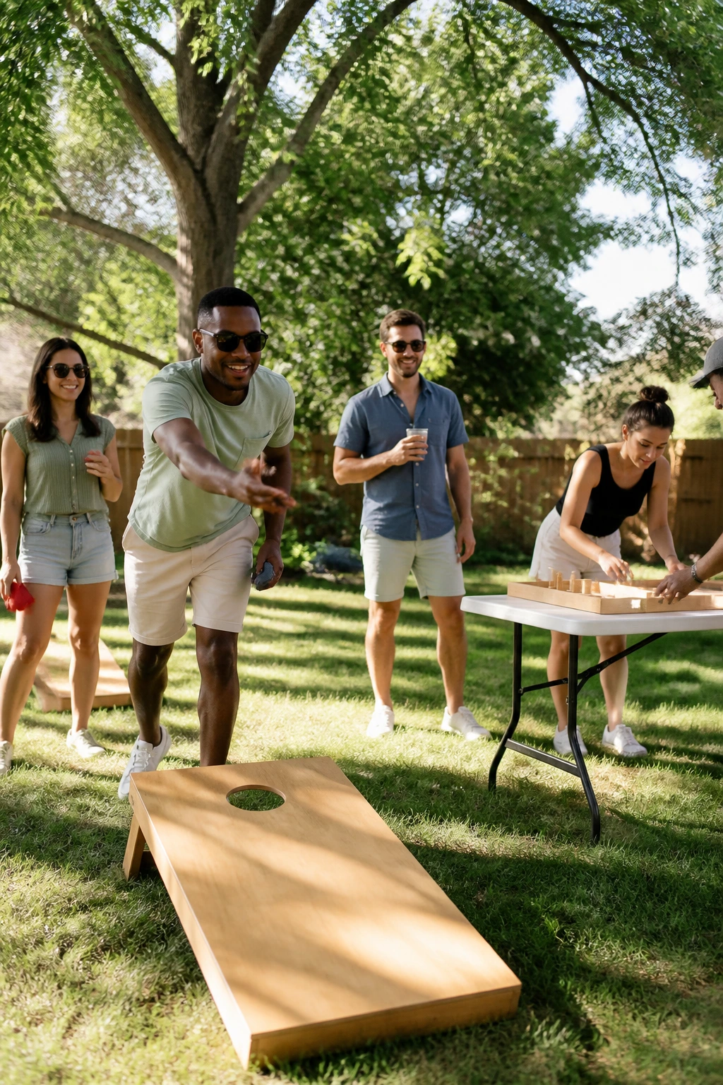 Dynamic backyard scene with quick rounds around a cornhole setup