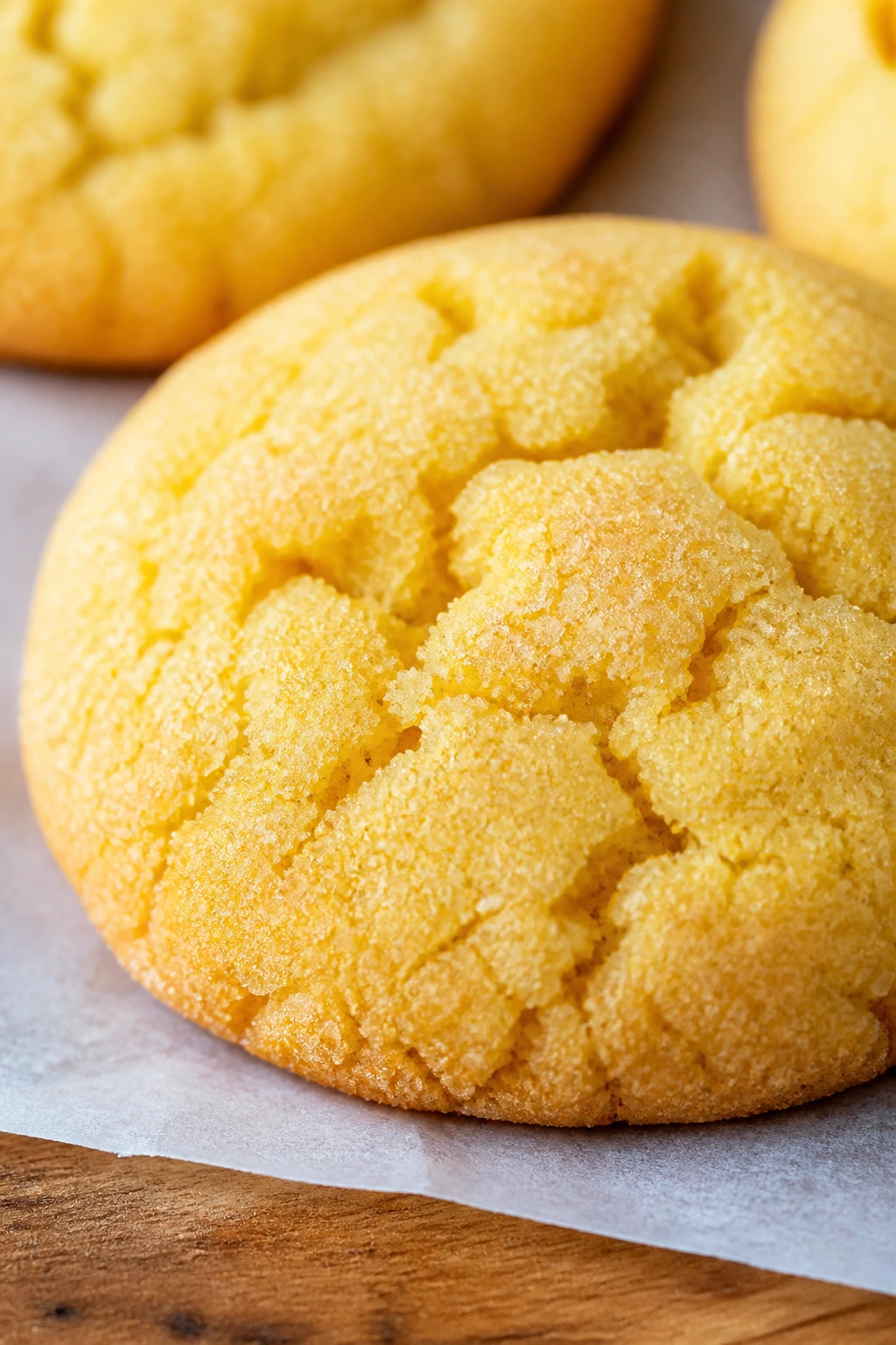 Close-up of a cornmeal lemon cookie on parchment in a sunny kitchen