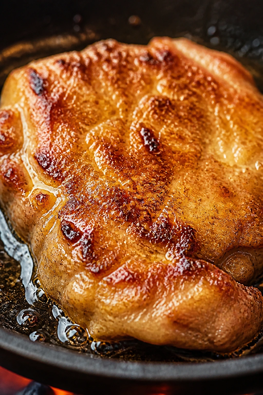 Cornstarch-coated chicken browning in a hot skillet with glossy sauce
