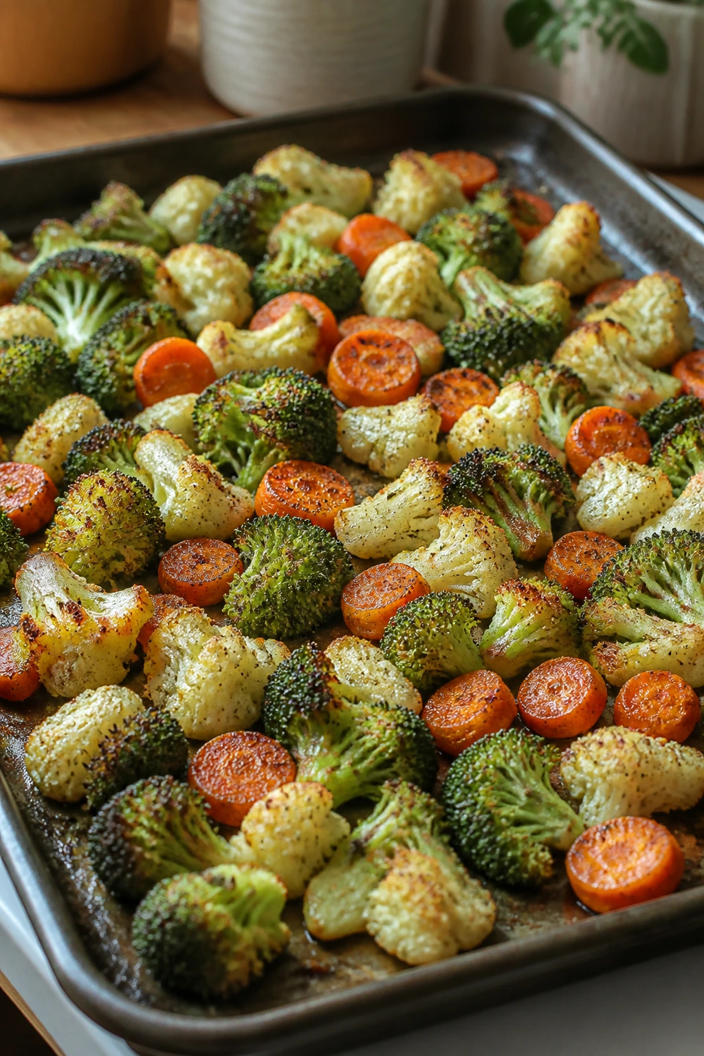 Mixed frozen vegetables with oil and cornstarch coating on a sheet pan