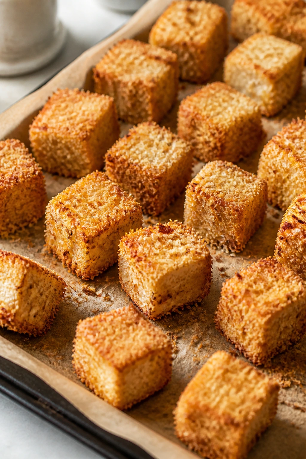 Close-up of crispy coated tofu with a crunchy crust