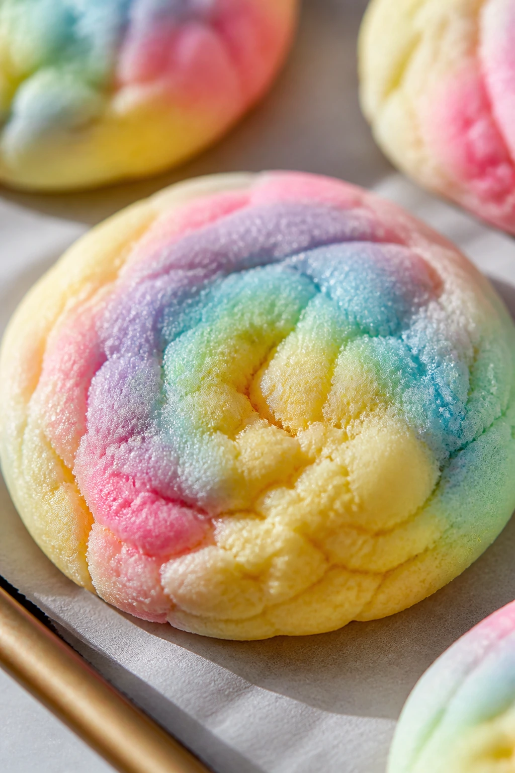 Close-up cornstarch rainbow cookie on parchment-lined tray