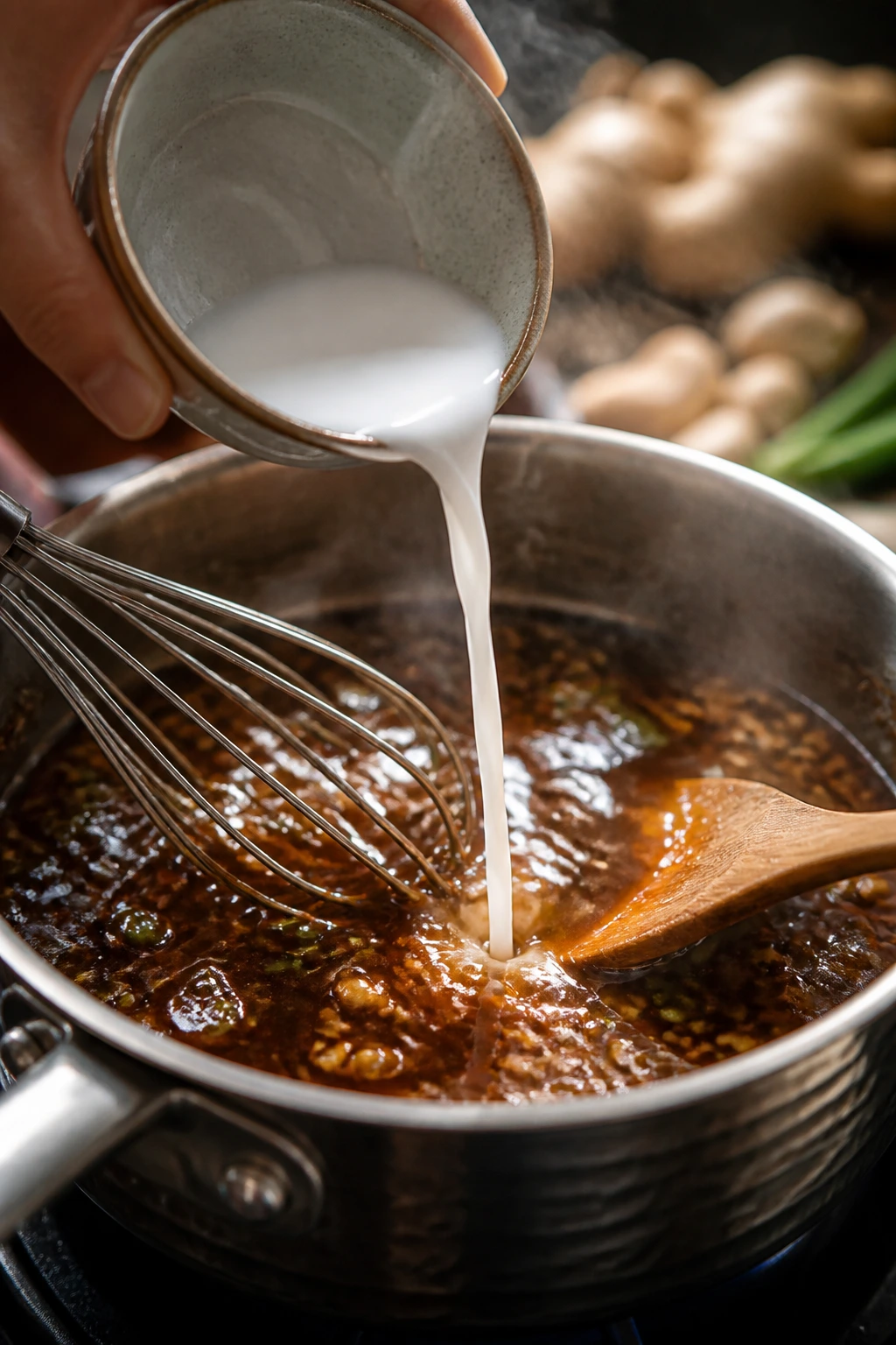 Milky cornstarch slurry whisked into sauce in a pan