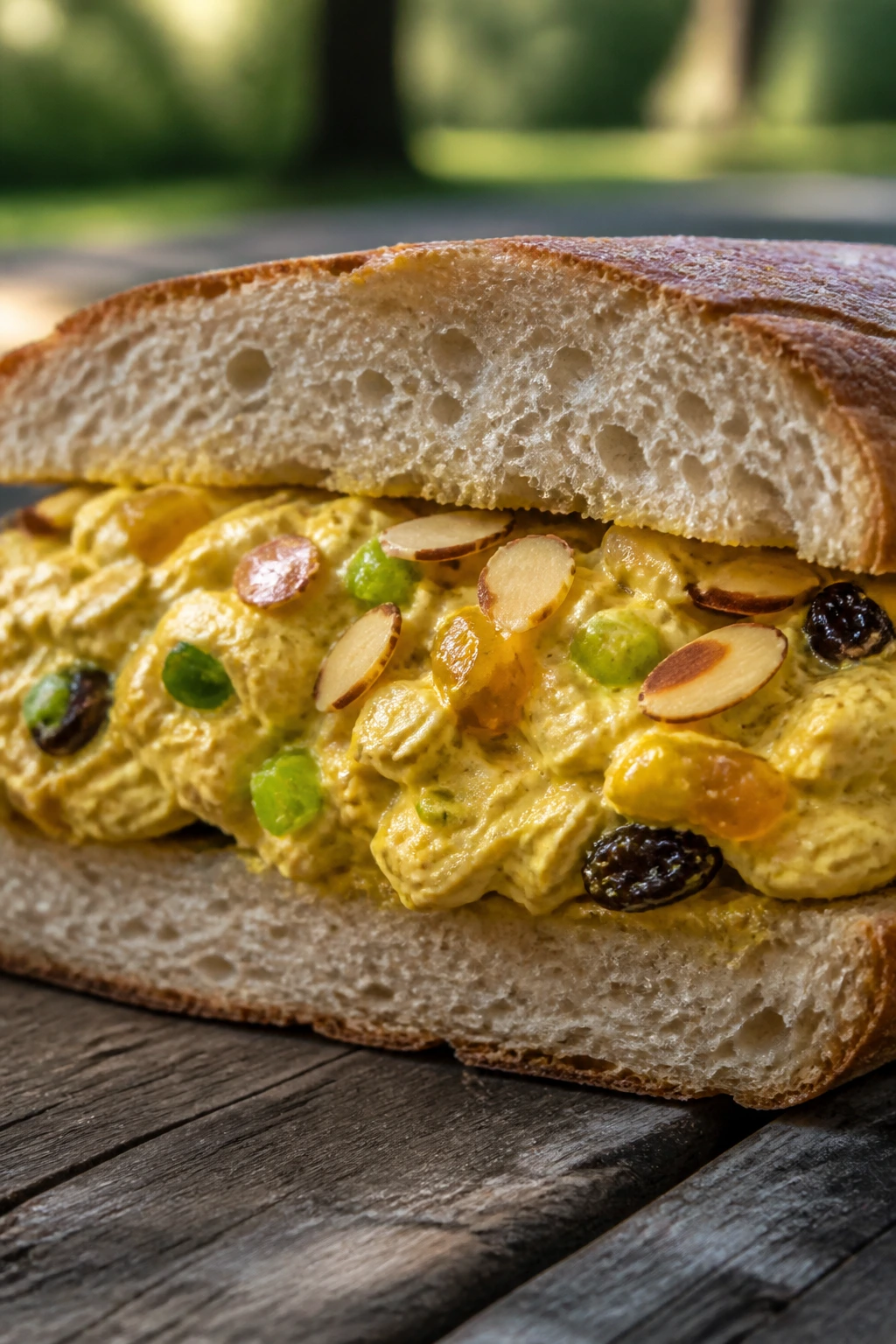 Close-up of Coronation Chicken Sandwich with curry mayo, raisins, celery and almonds on toasted bread.
