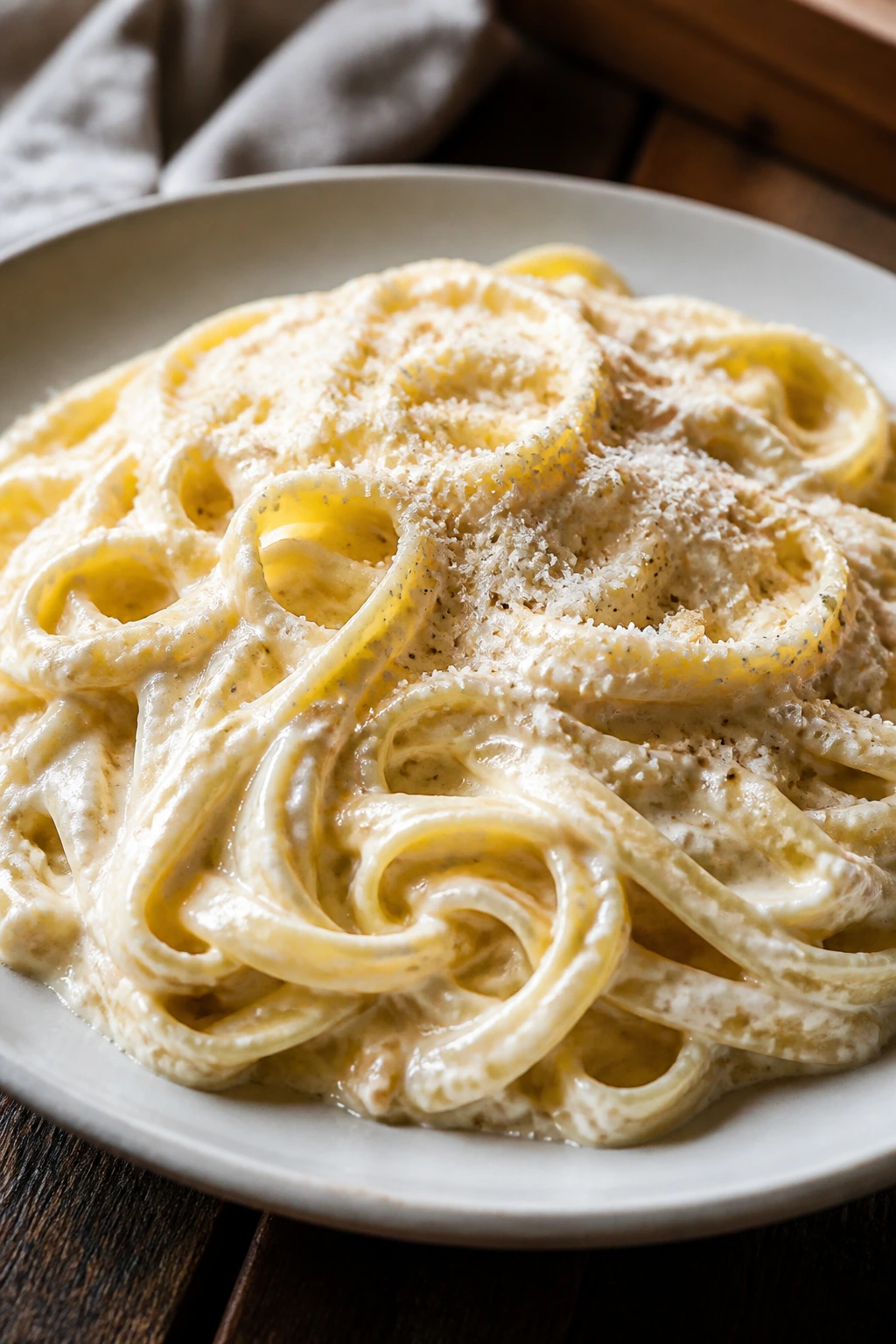 Creamy cottage cheese Alfredo pasta on a plate.