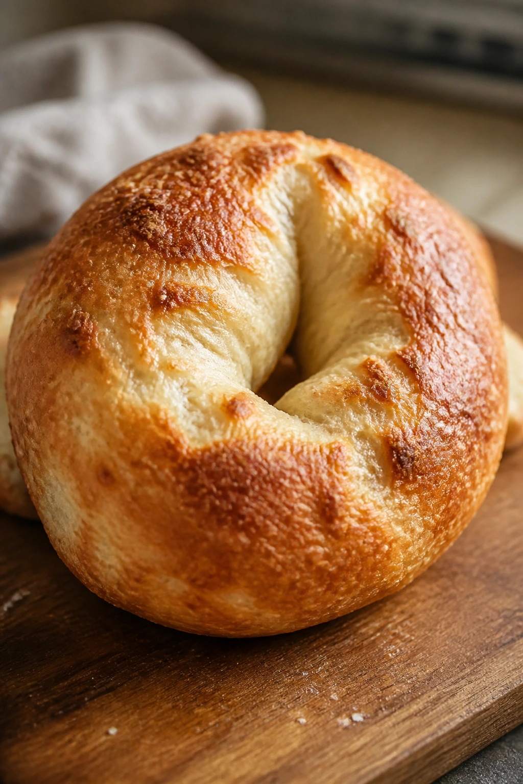 Single high-protein cottage cheese bagel on wooden board
