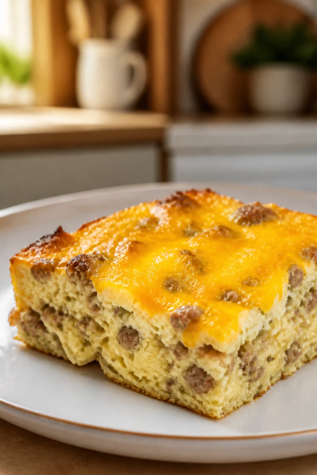 Plated slice of cottage cheese breakfast bake with cheddar.