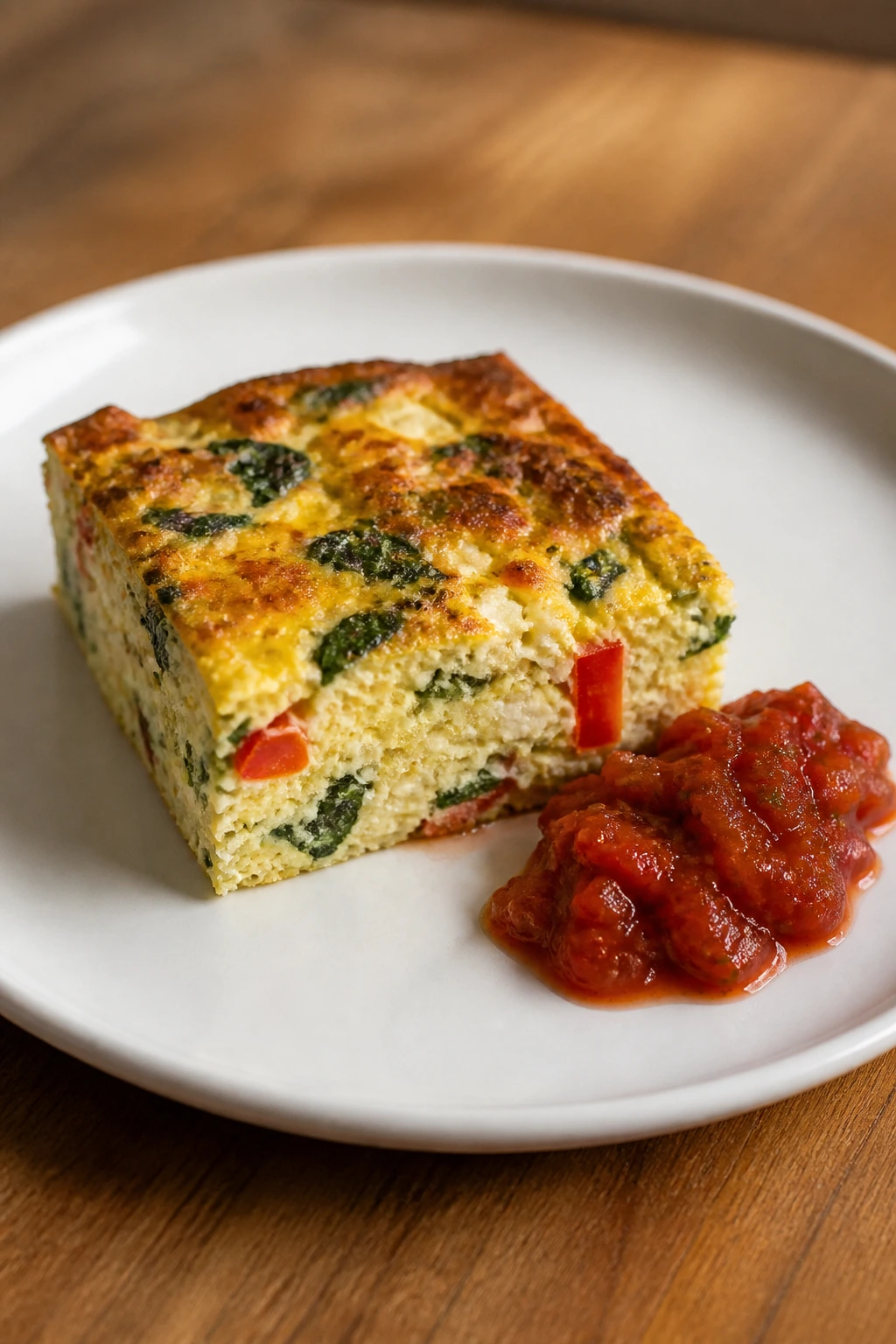 Single square cottage cheese bake plated with salsa