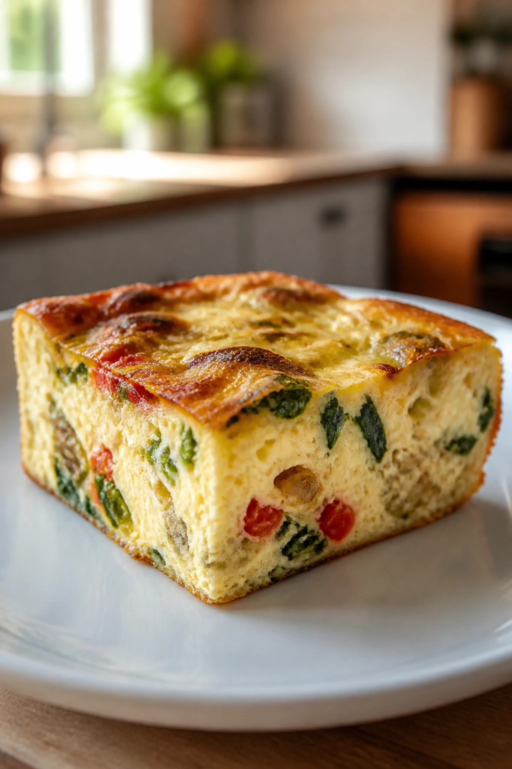 Close-up of cottage cheese breakfast bake slice with golden edges.