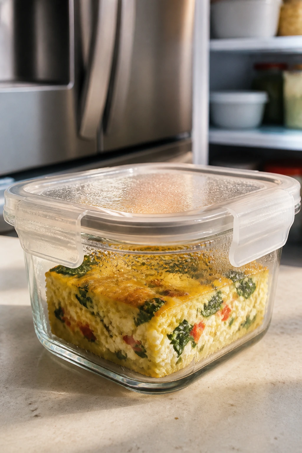 Close-up of cottage cheese egg bake square in airtight container on fridge shelf