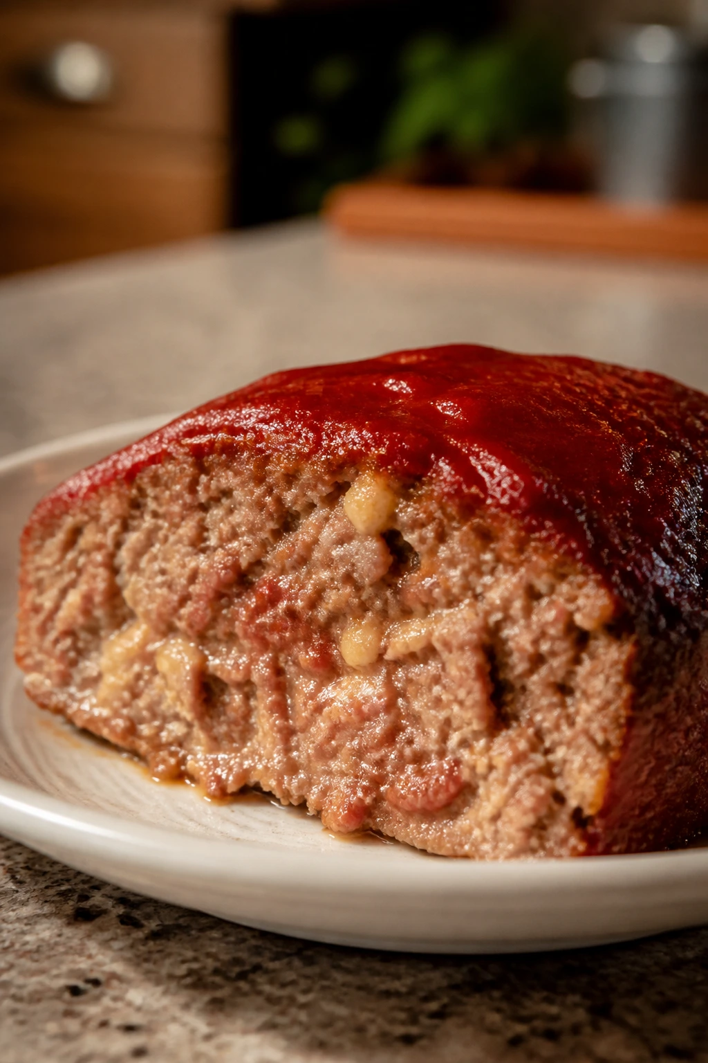 Slice of cottage cheese beef meatloaf with ketchup glaze
