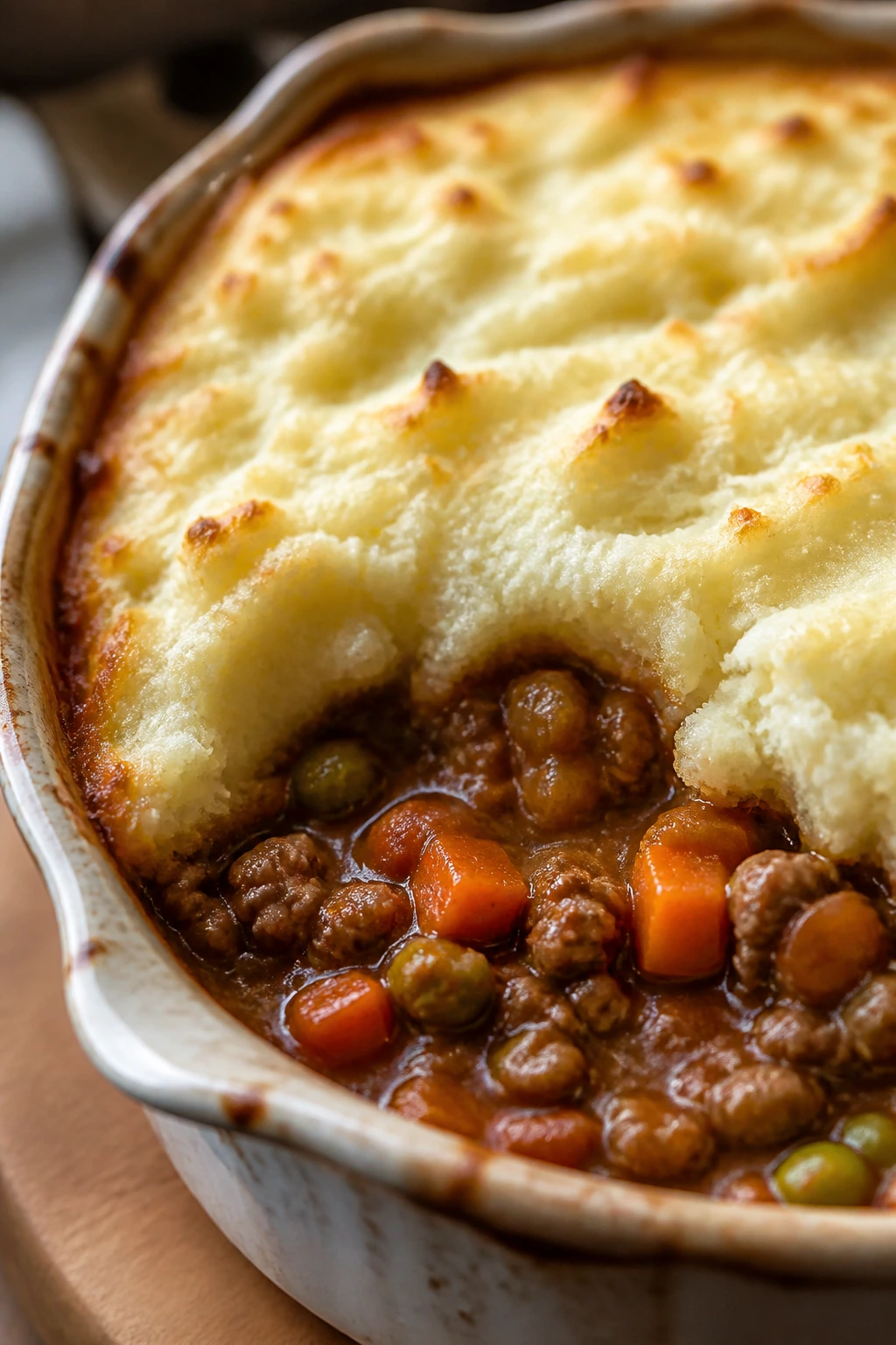 Close-up of cottage pie with cottage cheese mash in a rustic kitchen