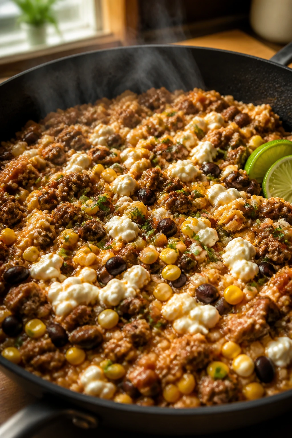 Close-up of taco rice skillet with cottage cheese in a cozy kitchen