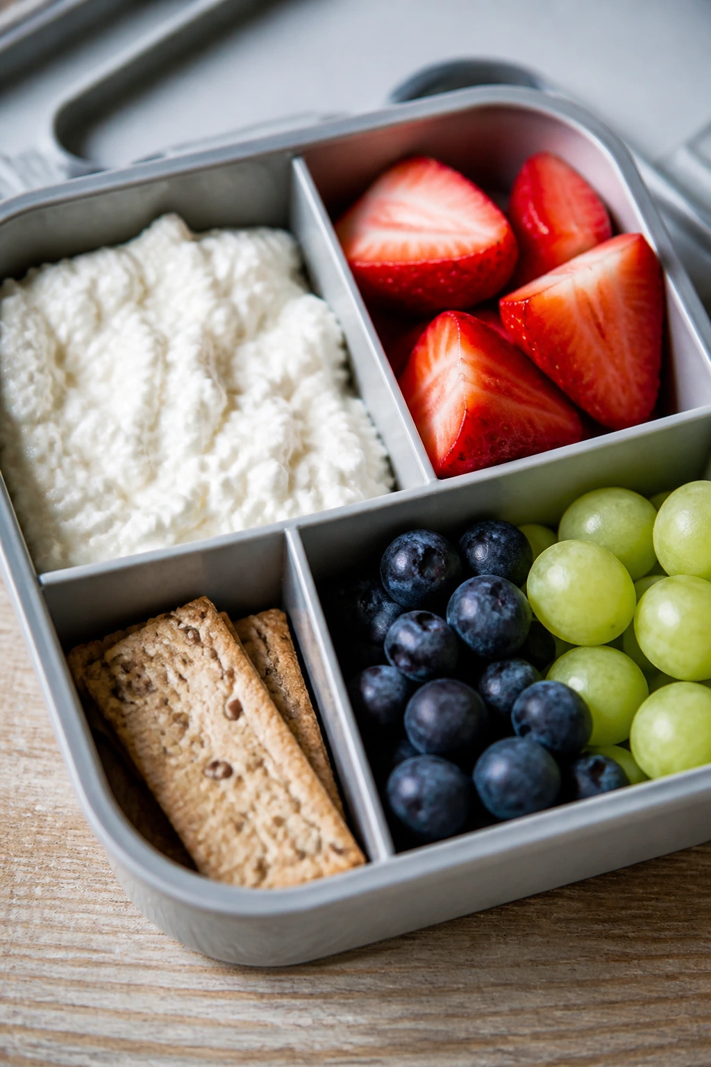 Bento box with cottage cheese and assorted fruit compartments
