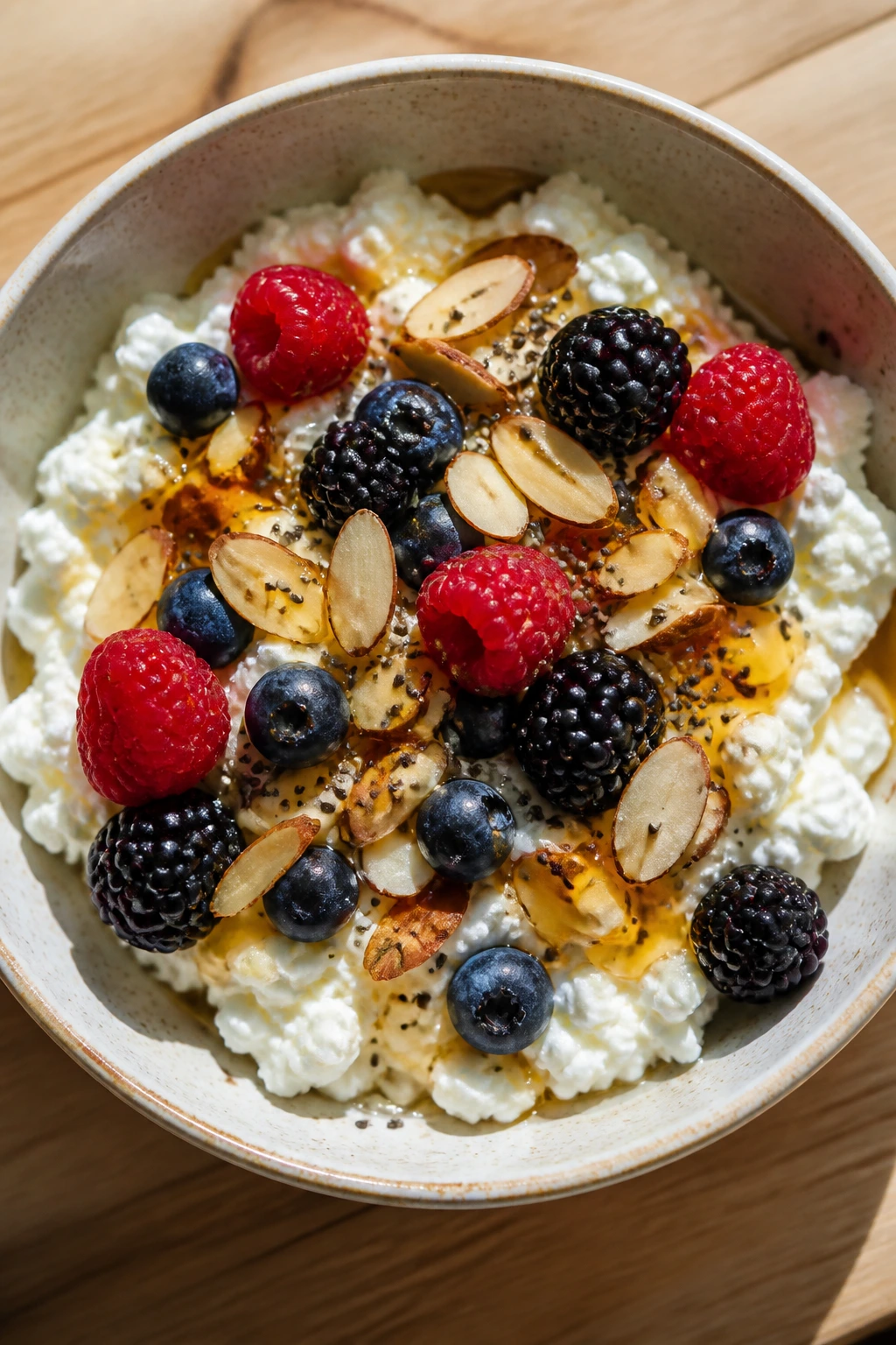 Cottage cheese bowl with berries almonds on a light surface