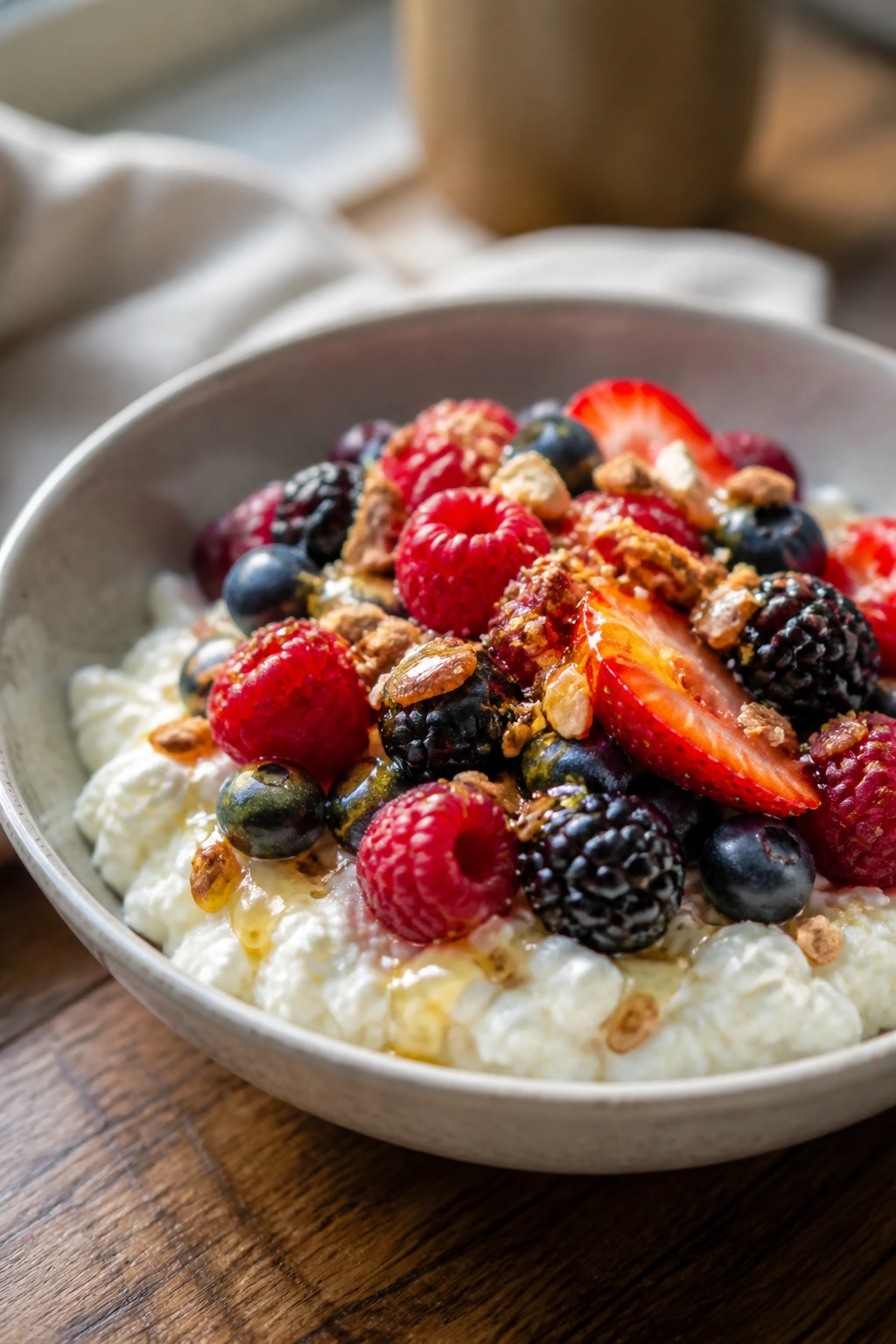 Close-up of cottage cheese berry bowl with berries, honey, granola