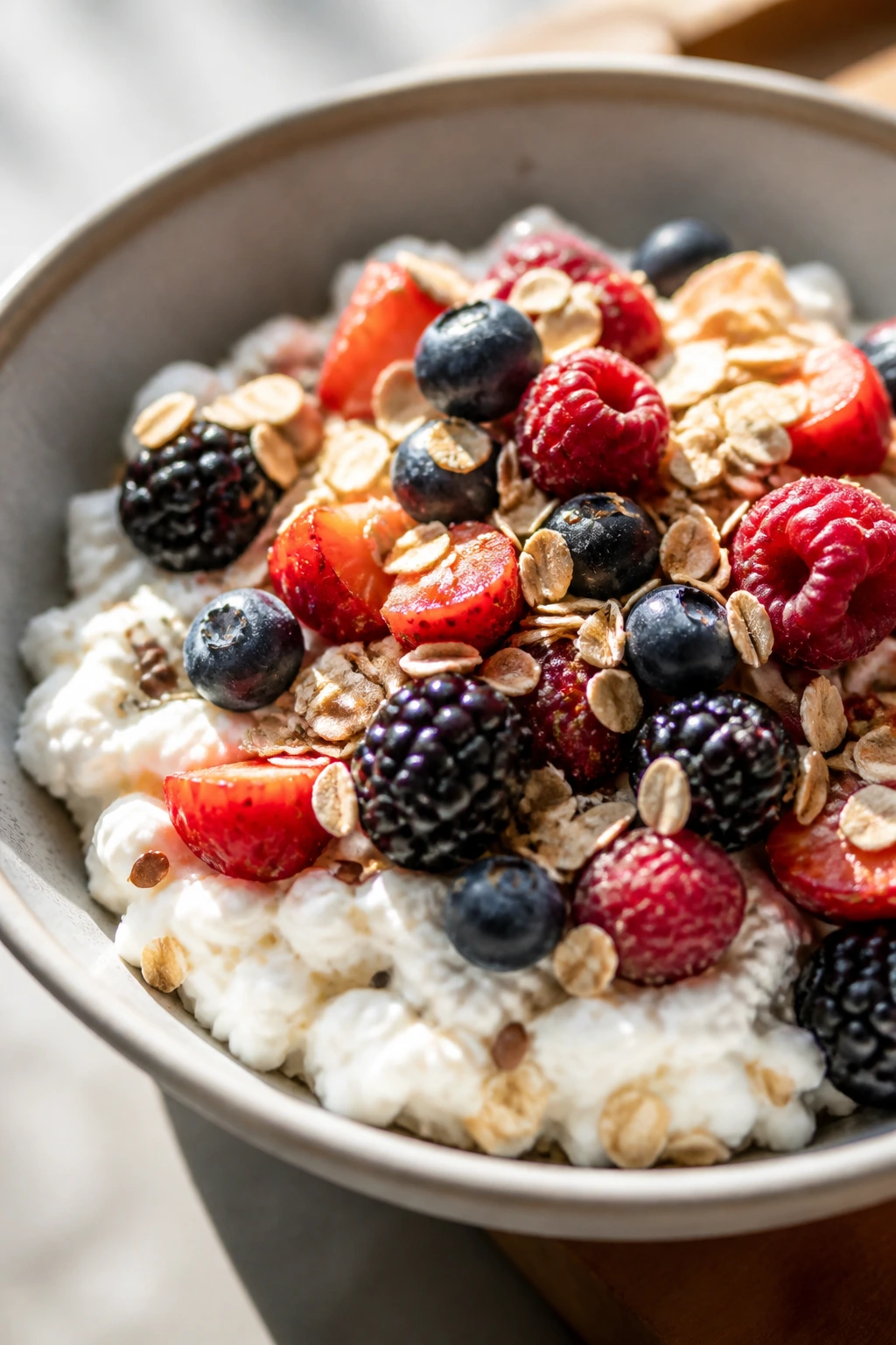 Close-up cottage cheese bowl with berries and oats on a bright morning table.