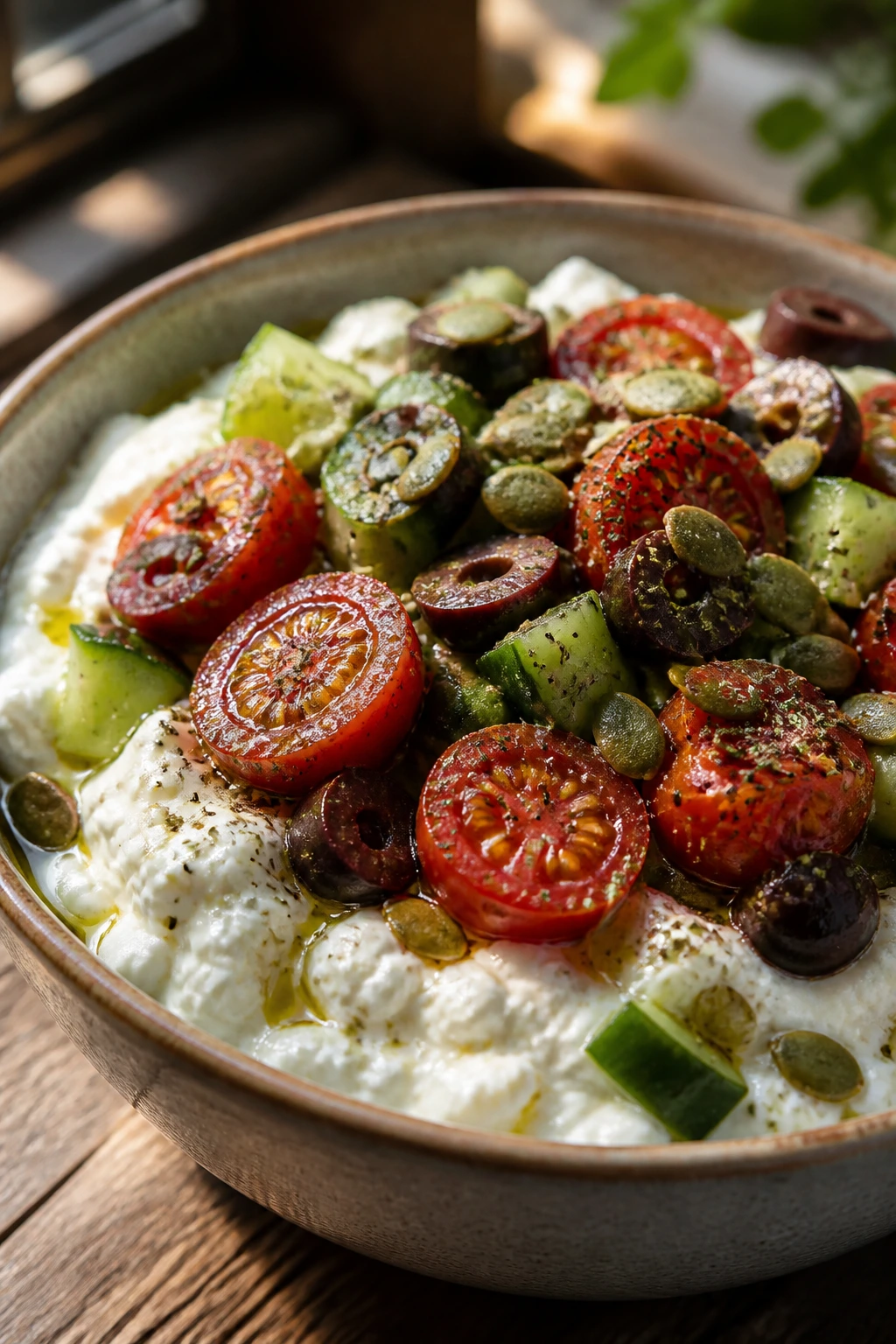 Close-up of Cottage Cheese Power Bowl with tomatoes and cucumbers on a rustic wooden table