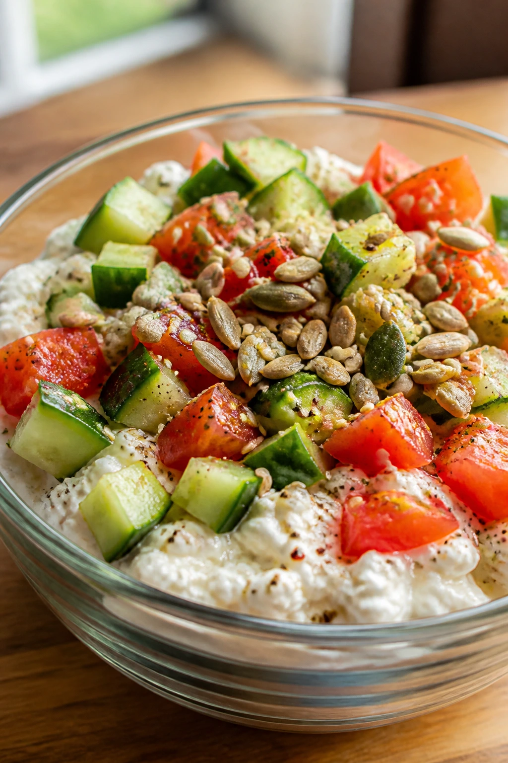 Close-up of cottage cheese bowl with cucumber, tomato and seeds