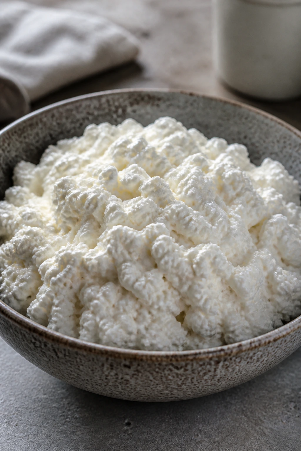 Close-up of creamy cottage cheese in a rustic bowl, ideal for meal-prep breakfasts.