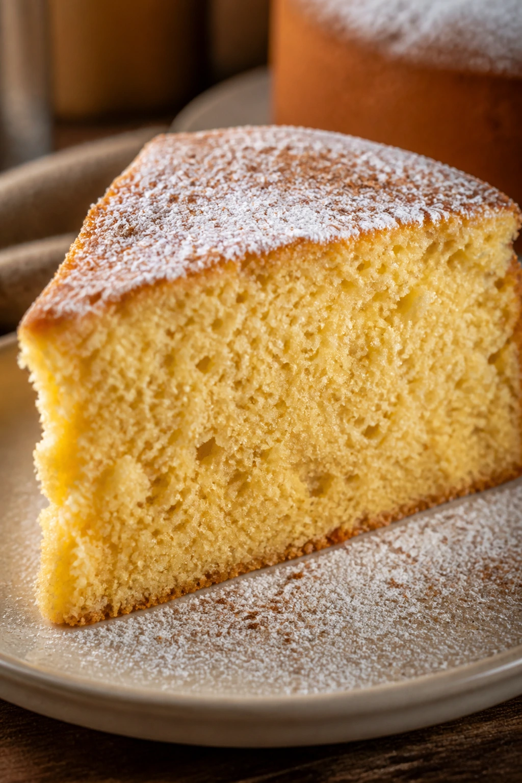 Slice of cottage cheese eggnog cake with nutmeg dusting