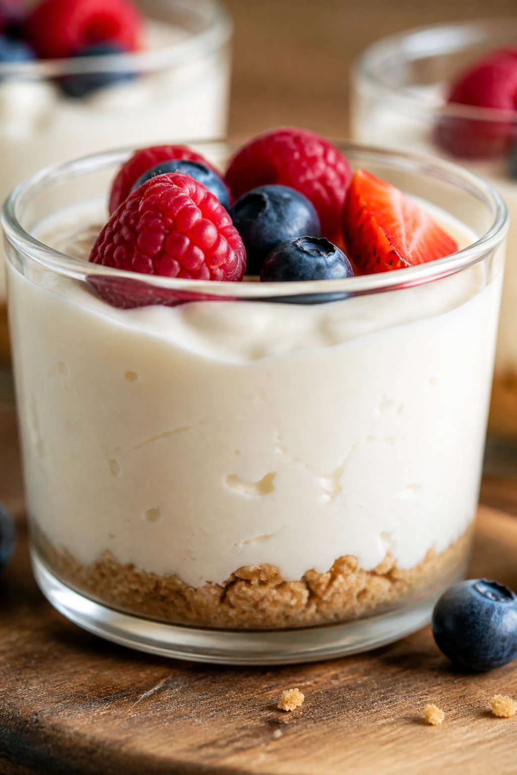 Creamy cottage cheese cheesecake cup with berry topping