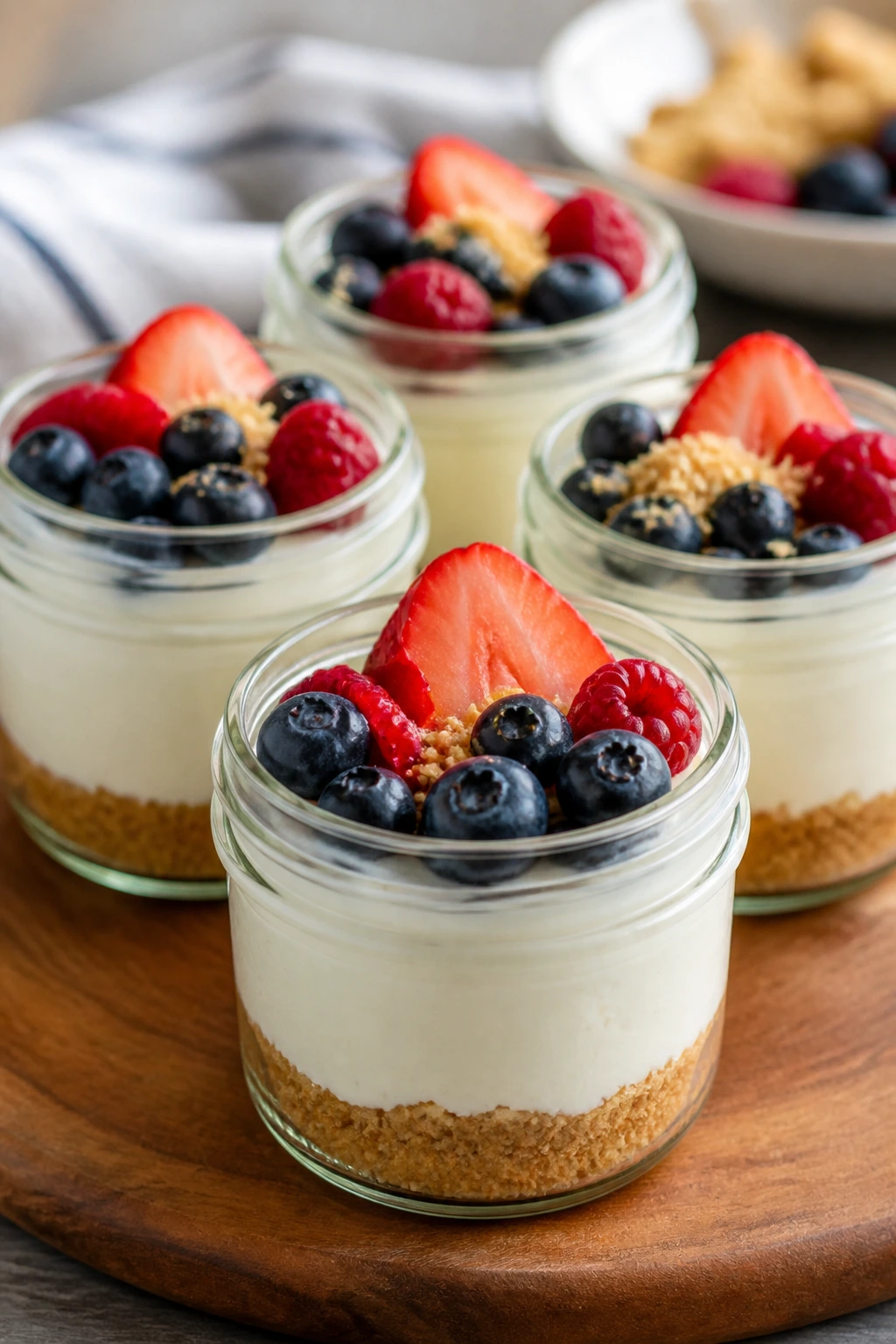 Four cottage cheese cheesecake jars with berry toppings
