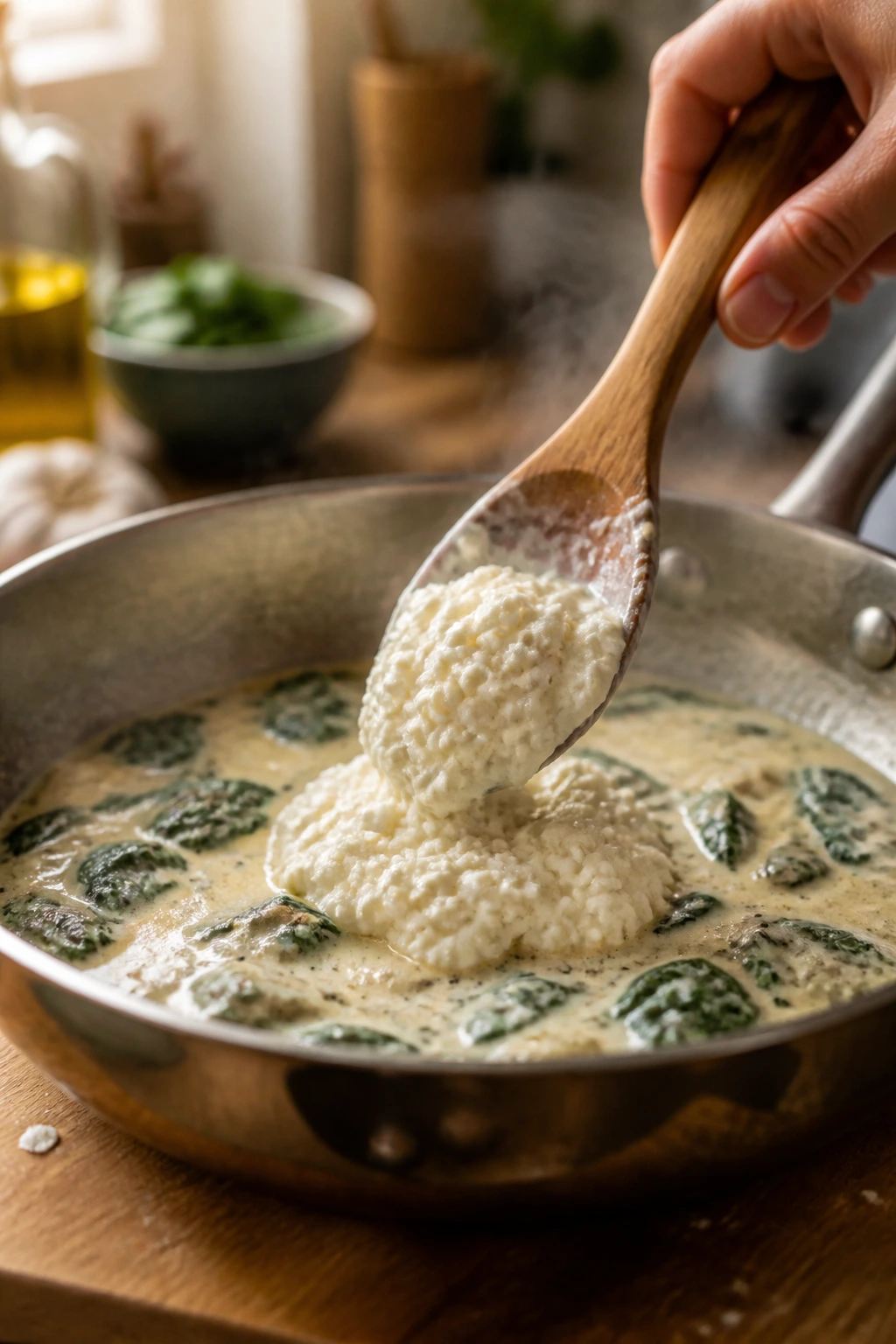 Spoon blending cottage cheese into a sauce in a warm kitchen
