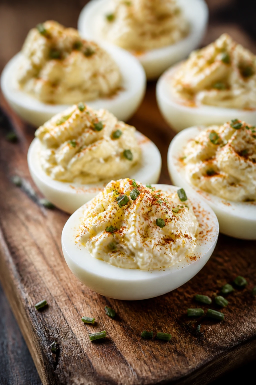 Close-up of cottage cheese deviled eggs with creamy filling on a wooden board