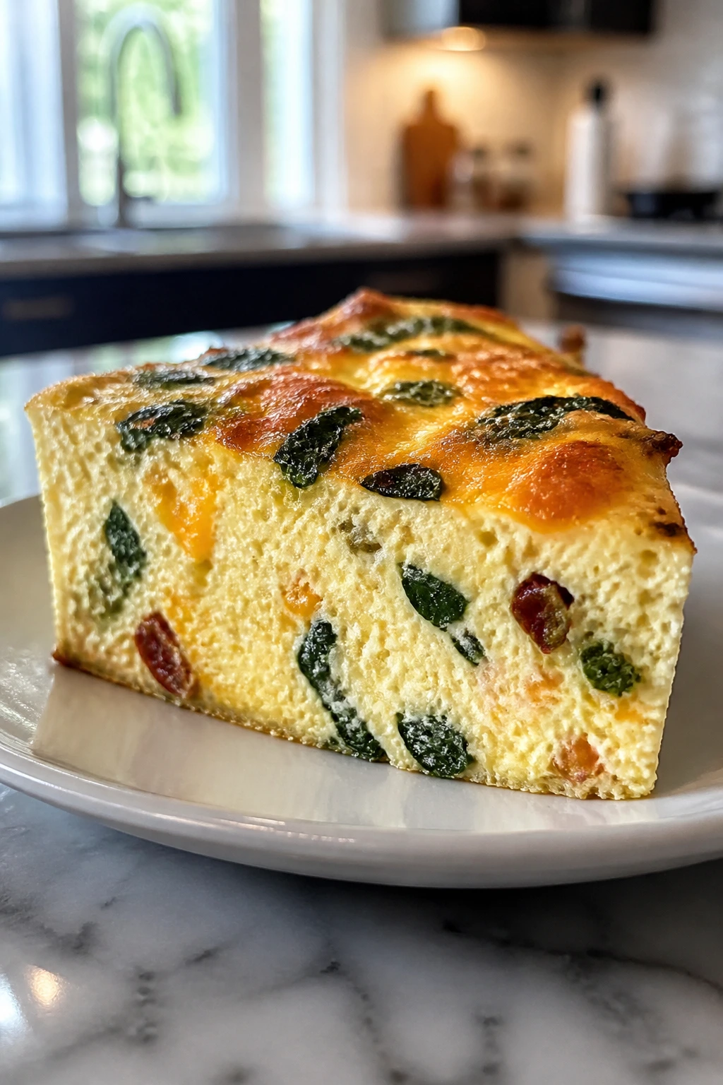 Close-up of a slice of cottage cheese egg bake on a plate in a kitchen