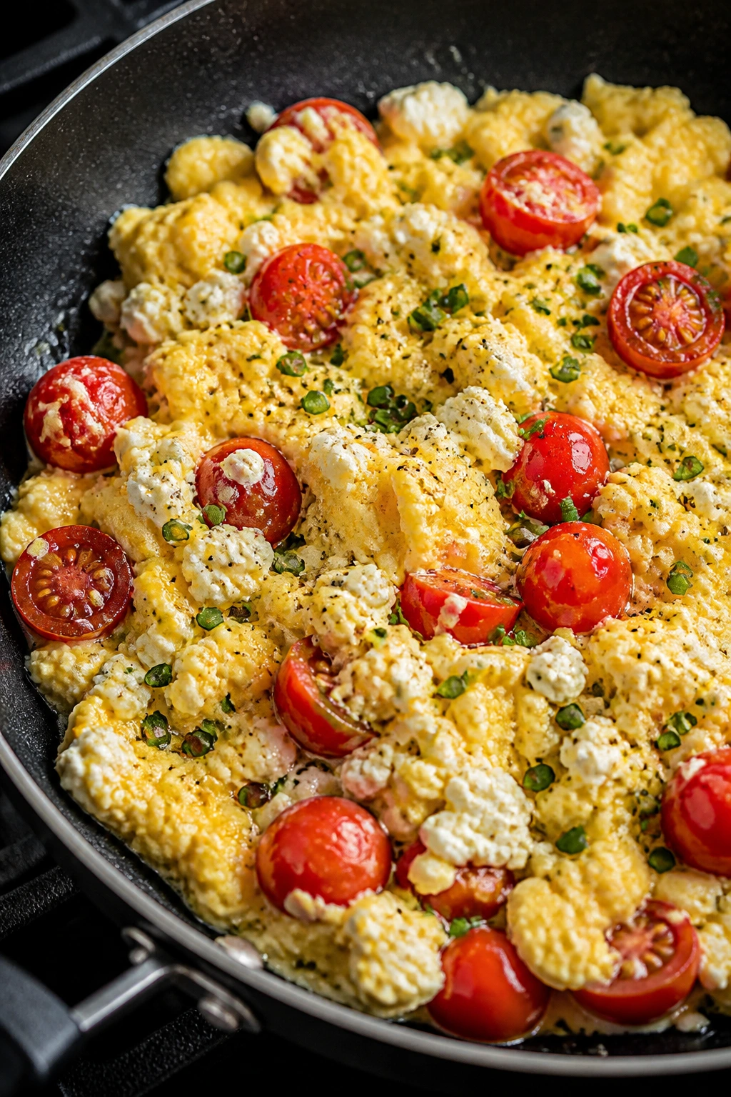 Close-up of cottage cheese scrambled eggs with tomatoes and chives
