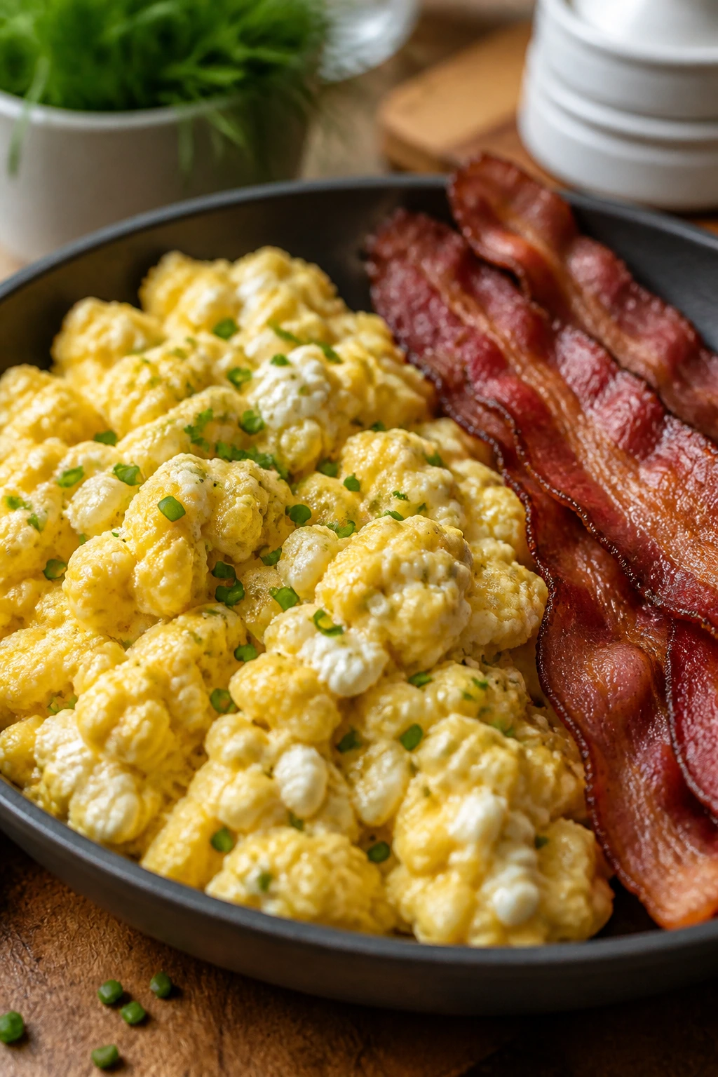 Close-up of cottage cheese scrambled eggs with chives and turkey bacon in a skillet