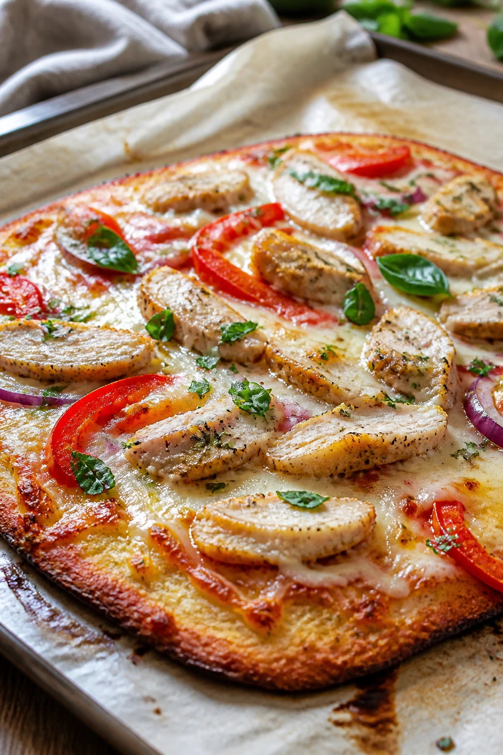 Close-up of cottage cheese flatbread pizza crust topped with chicken and herbs