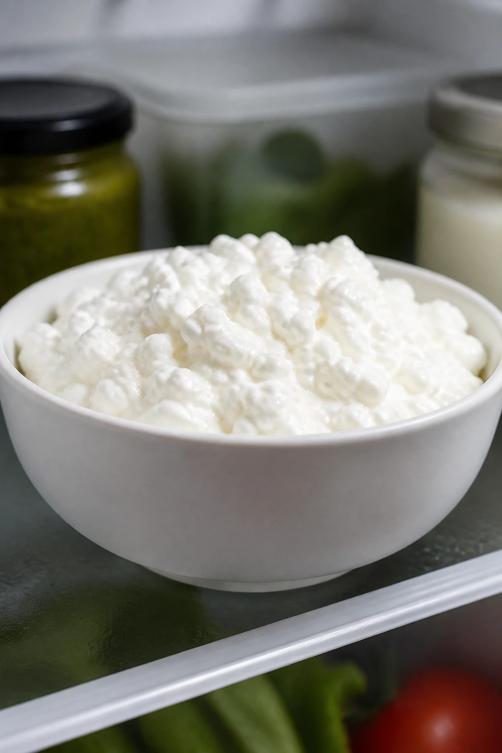 Plain cottage cheese in a bowl on a fridge shelf