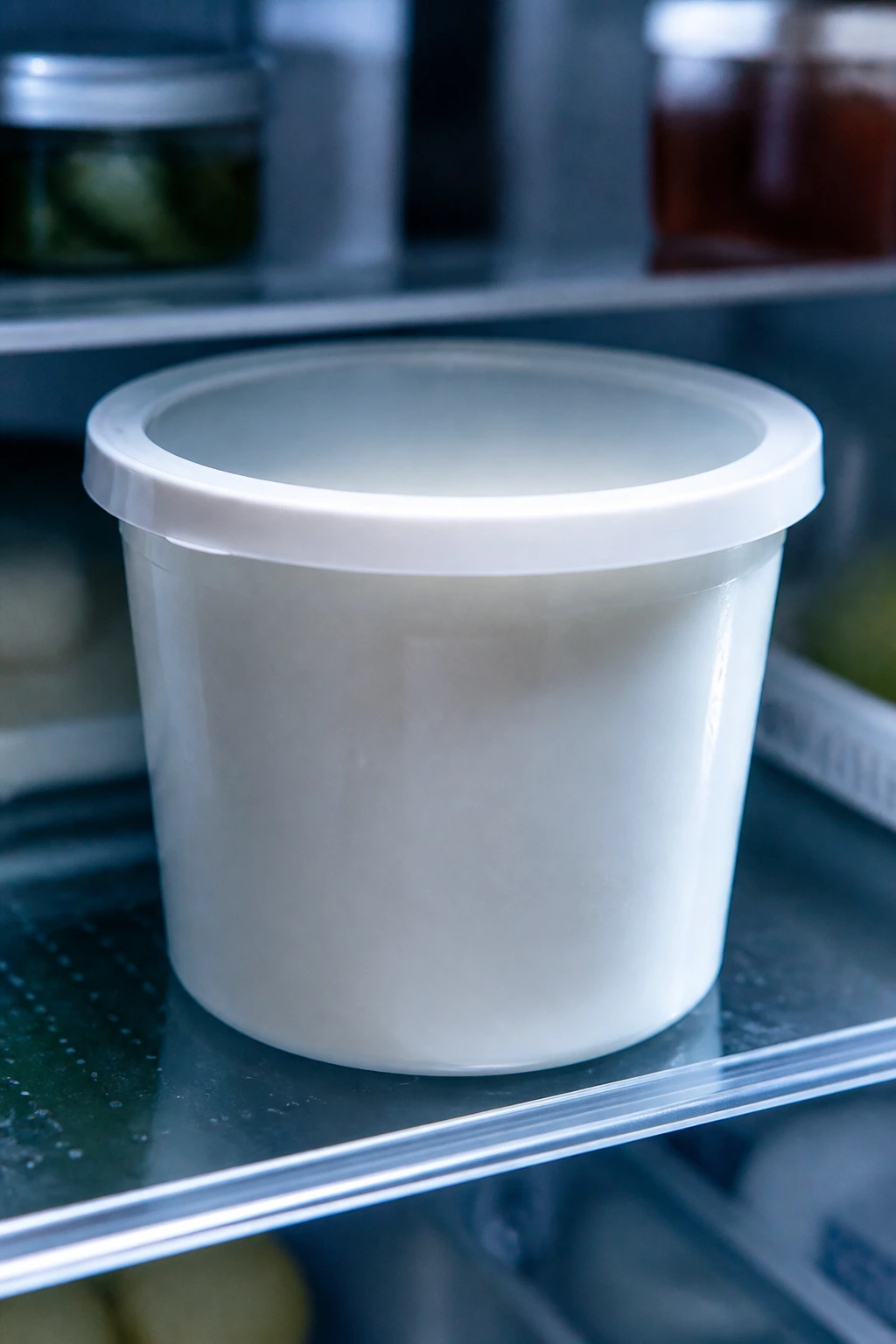 Fridge-lit cottage cheese tub on a shelf with no branding visible