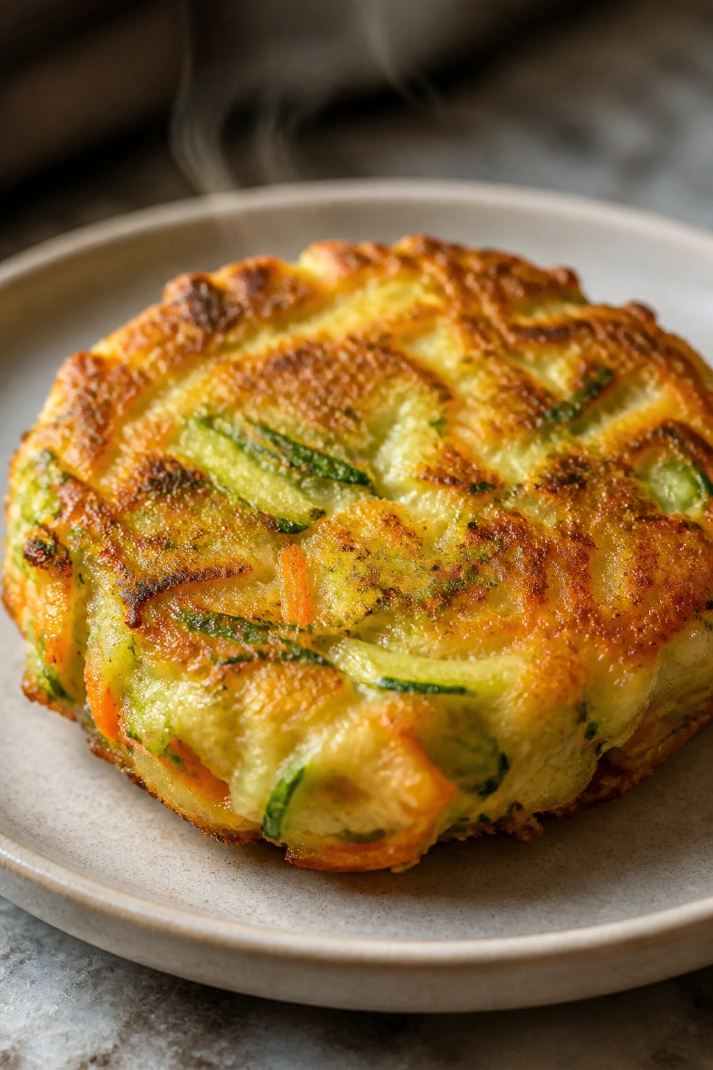 Close-up of a single Cottage Cheese Veggie Fritter on a plate.