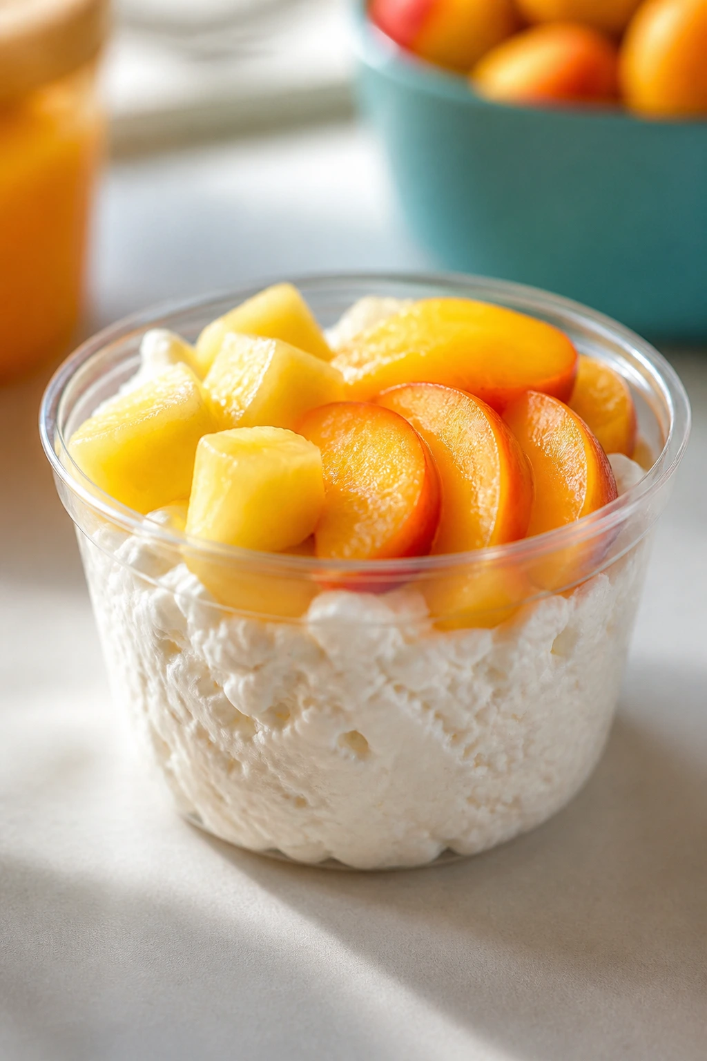 Close-up of cottage cheese with pineapple and peach in a cup