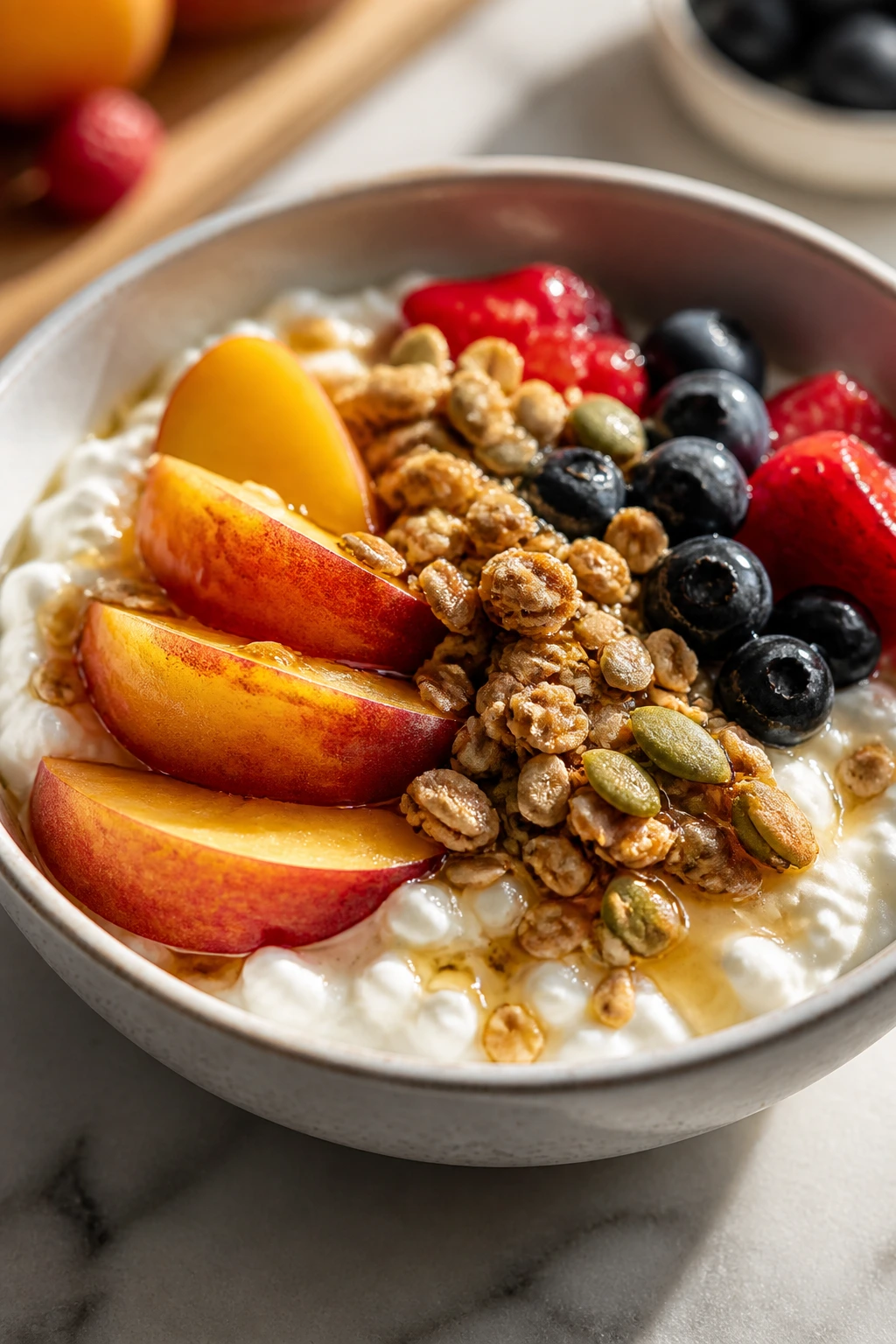 Close-up of cottage cheese fruit bowl with peaches, berries, granola on a bright kitchen counter.