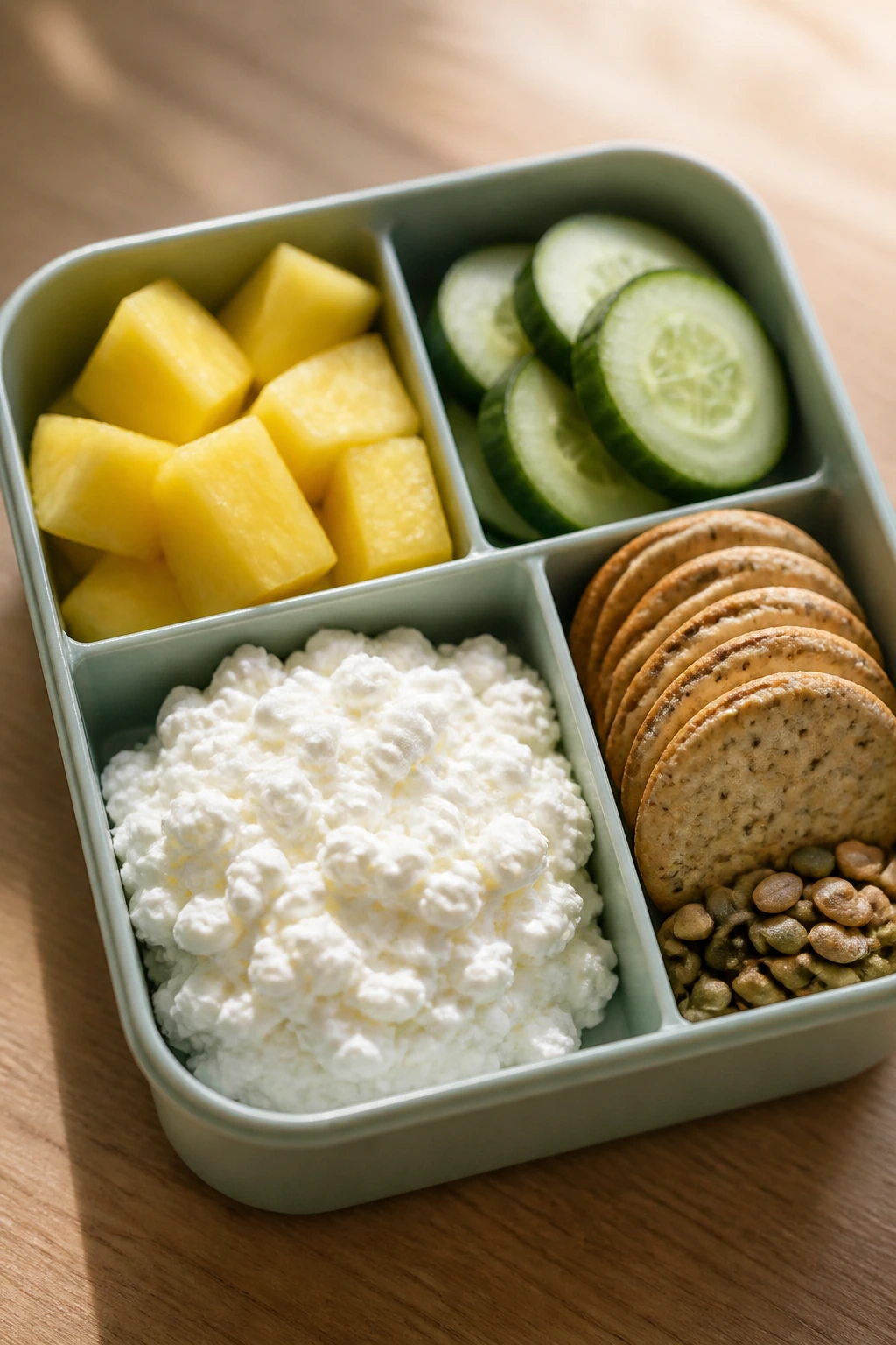 Close-up of cottage cheese fruit lunchbox in compartments