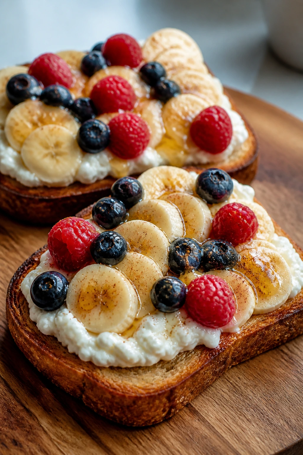 Open-faced cottage cheese toast with banana and berries on wood