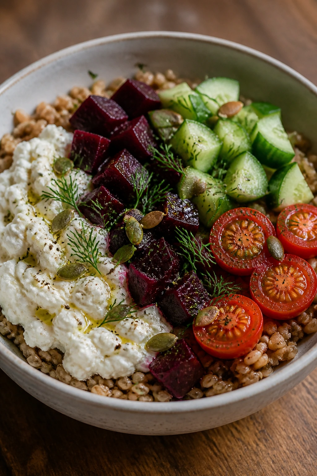 Cottage cheese with beets and vegetables over grains in a bowl