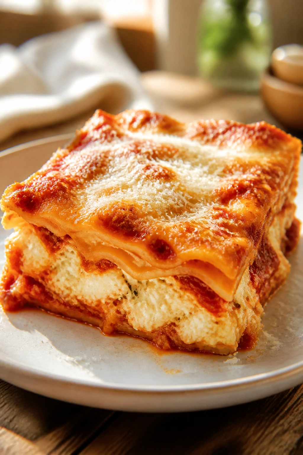 Close-up of cottage cheese lasagna slice with creamy layers