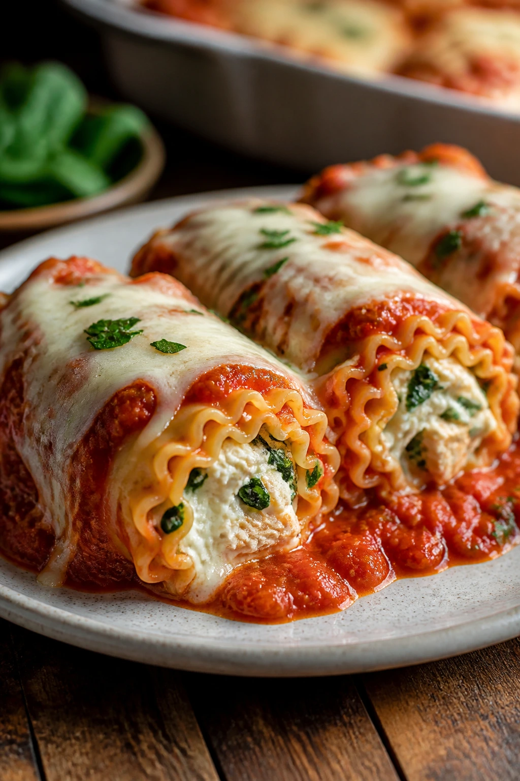 Close-up of cottage cheese lasagna roll-ups with marinara on a plate