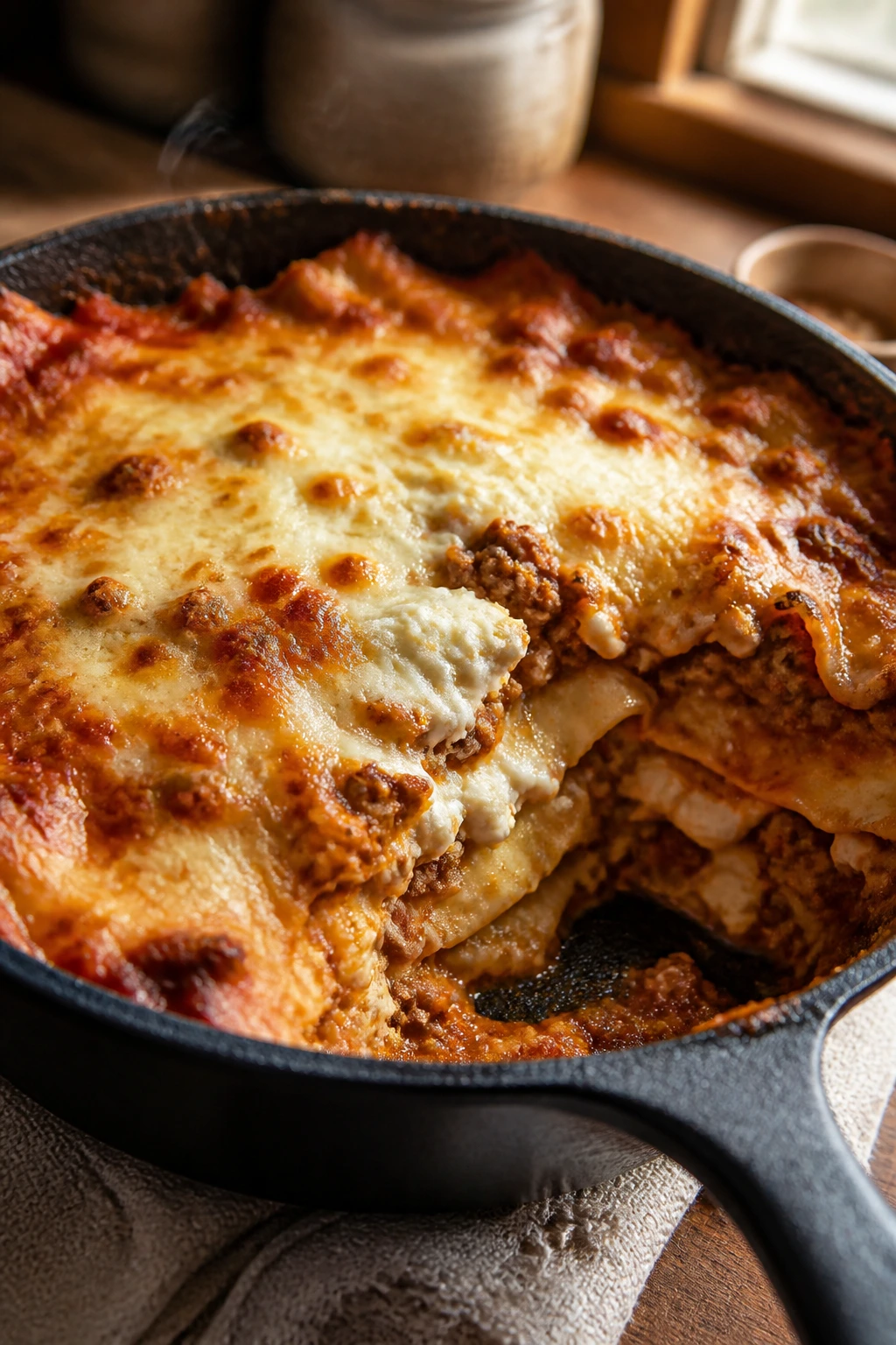 Close-up of cottage cheese lasagna bubbling in a cast-iron skillet
