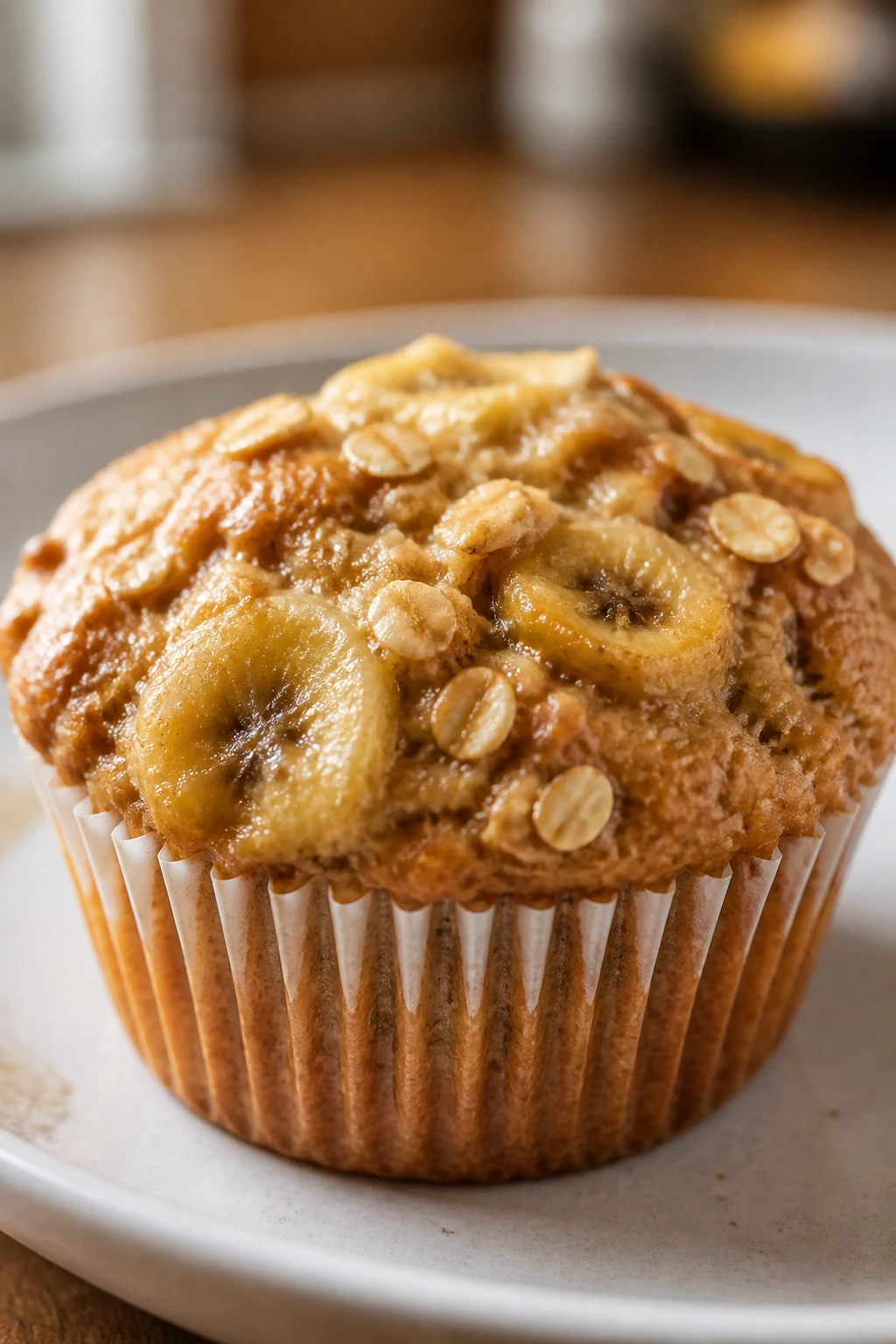 Moist cottage cheese banana oat muffin on plate