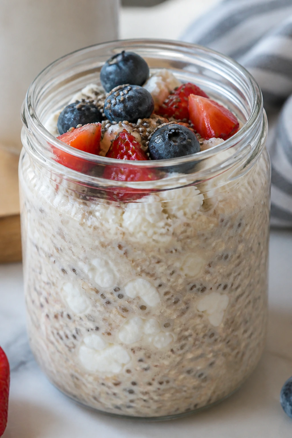 Glass jar of cottage cheese overnight oats on a bright kitchen counter